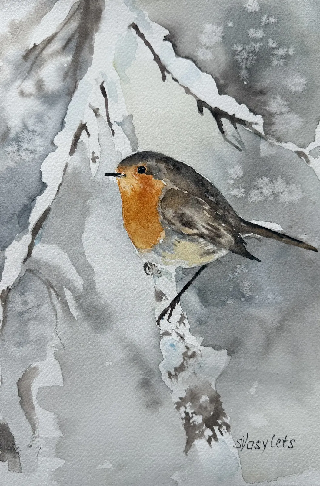 Akvarell Robin och snö av Svitlana Vasylets