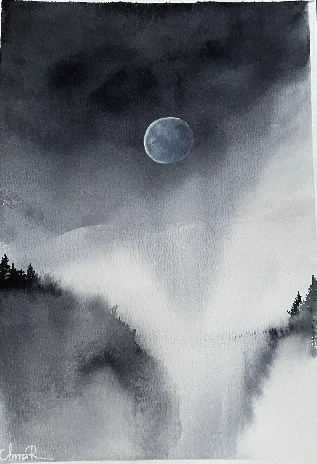 Akvarell Snow moon av Anna Roos Friden