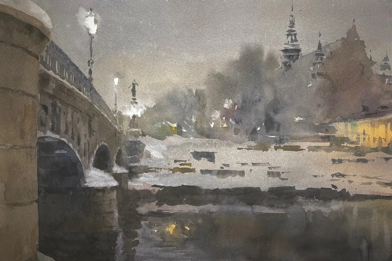 Akvarell Djurgårdsbron och snö av Nils Danielsson