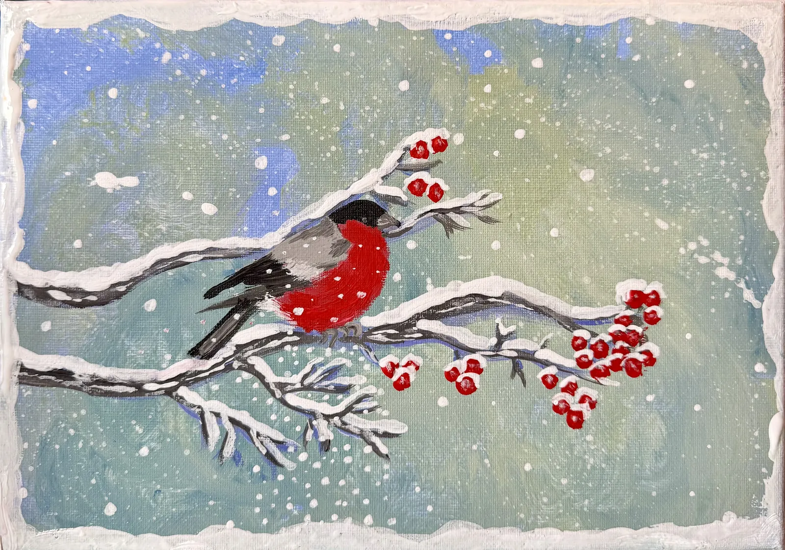 Akrylmålning Domherre på rönnbärskvist av Little Lee