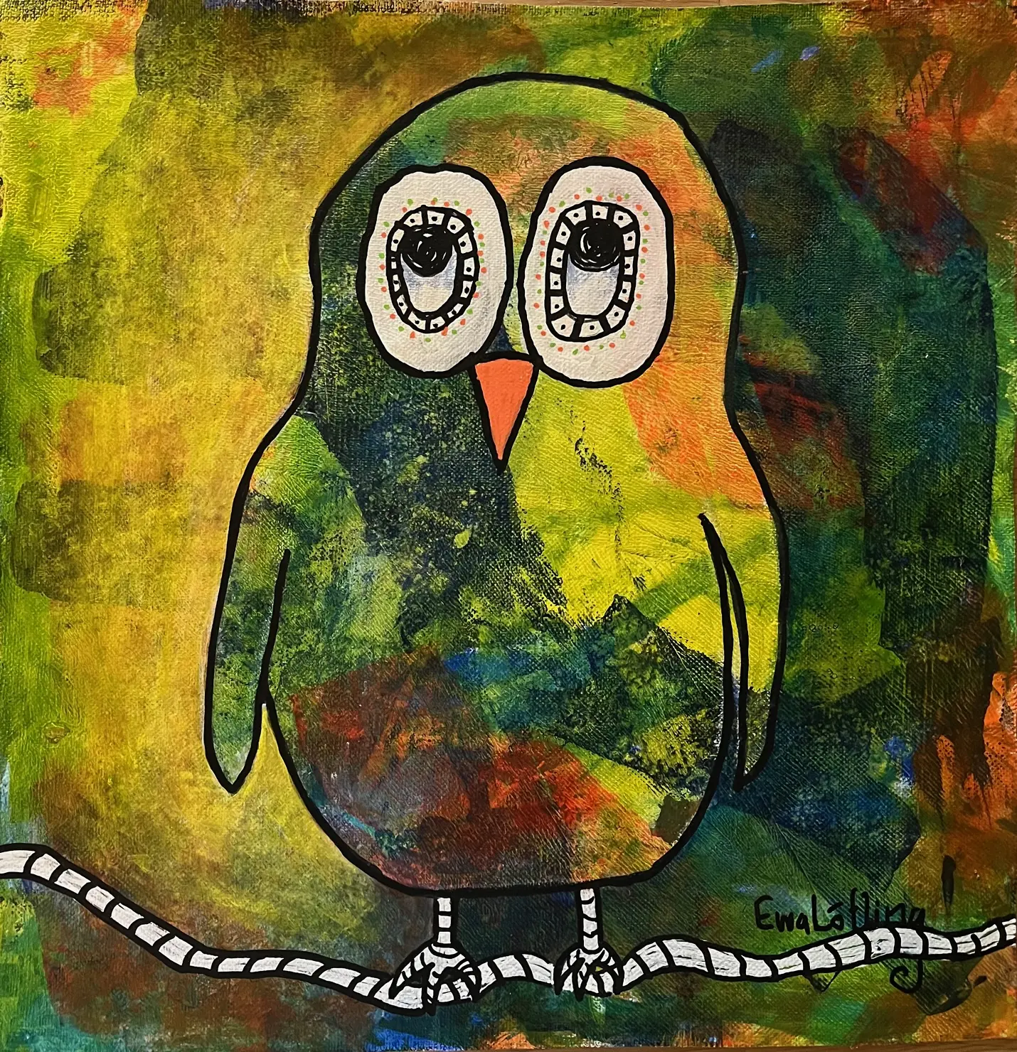 Akrylmålning Grön uggla av Ewa Löfling