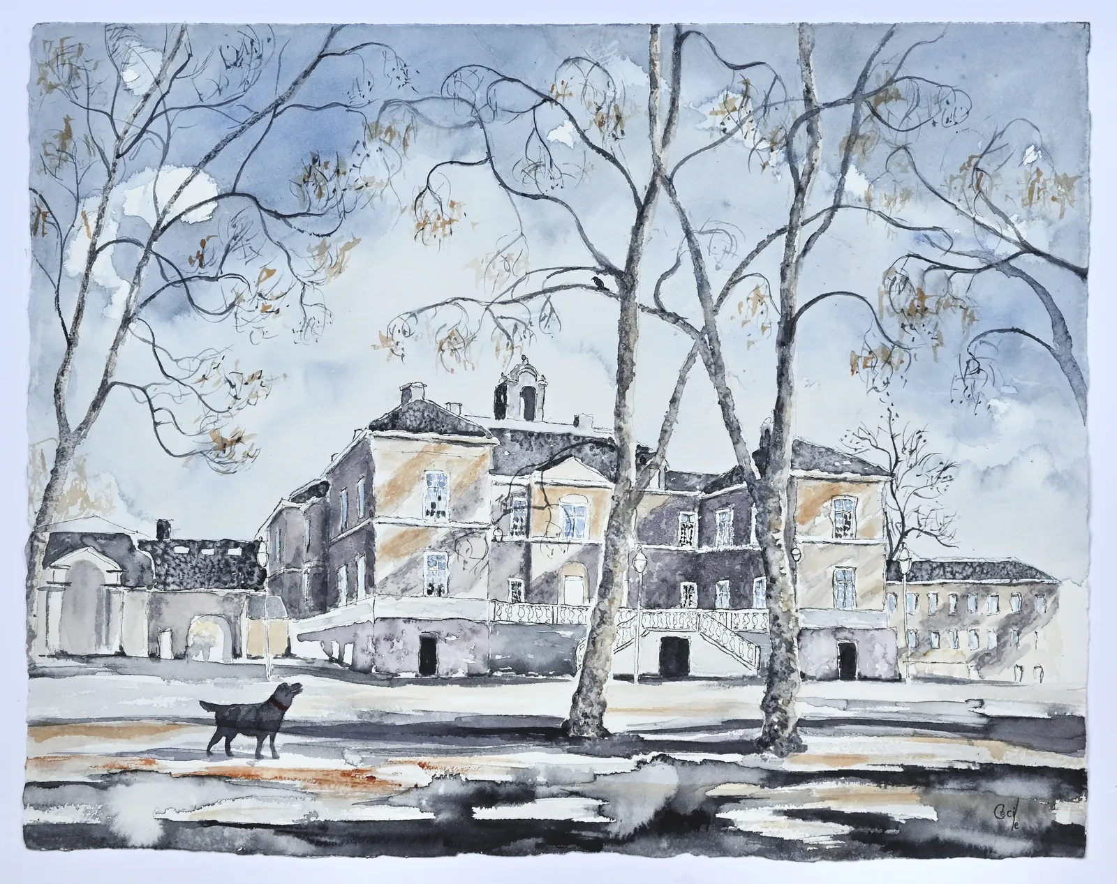 Akvarell Näsby Slott, svart Labrador av Cécile Hansson