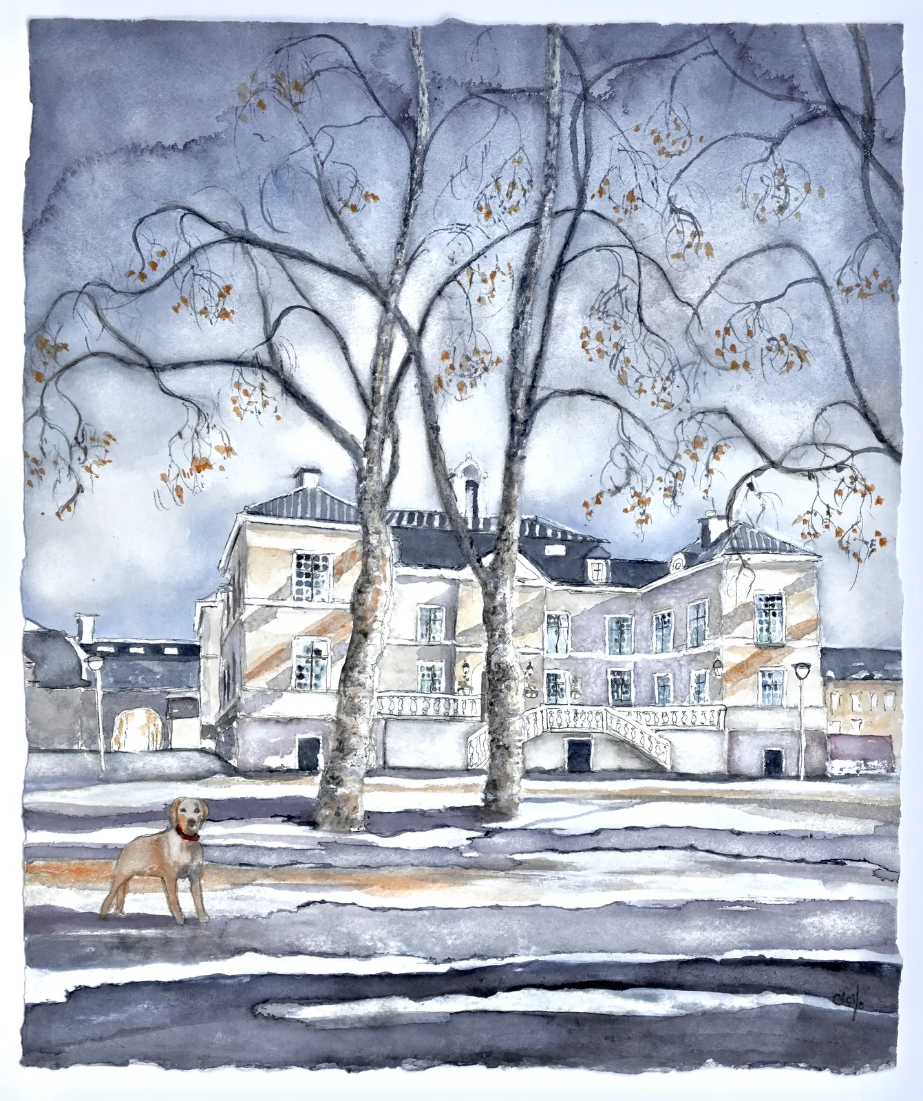 Akvarell Näsby Slott, brun Labrador av Cécile Hansson