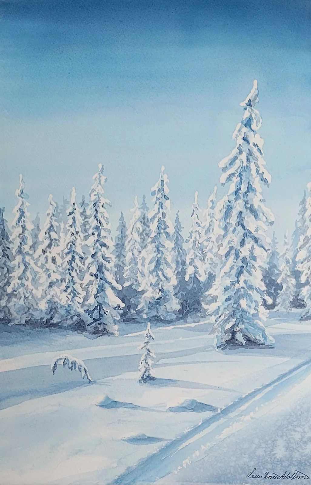 Akvarell Snötyngda granar av Lena Bovin Adolfsson