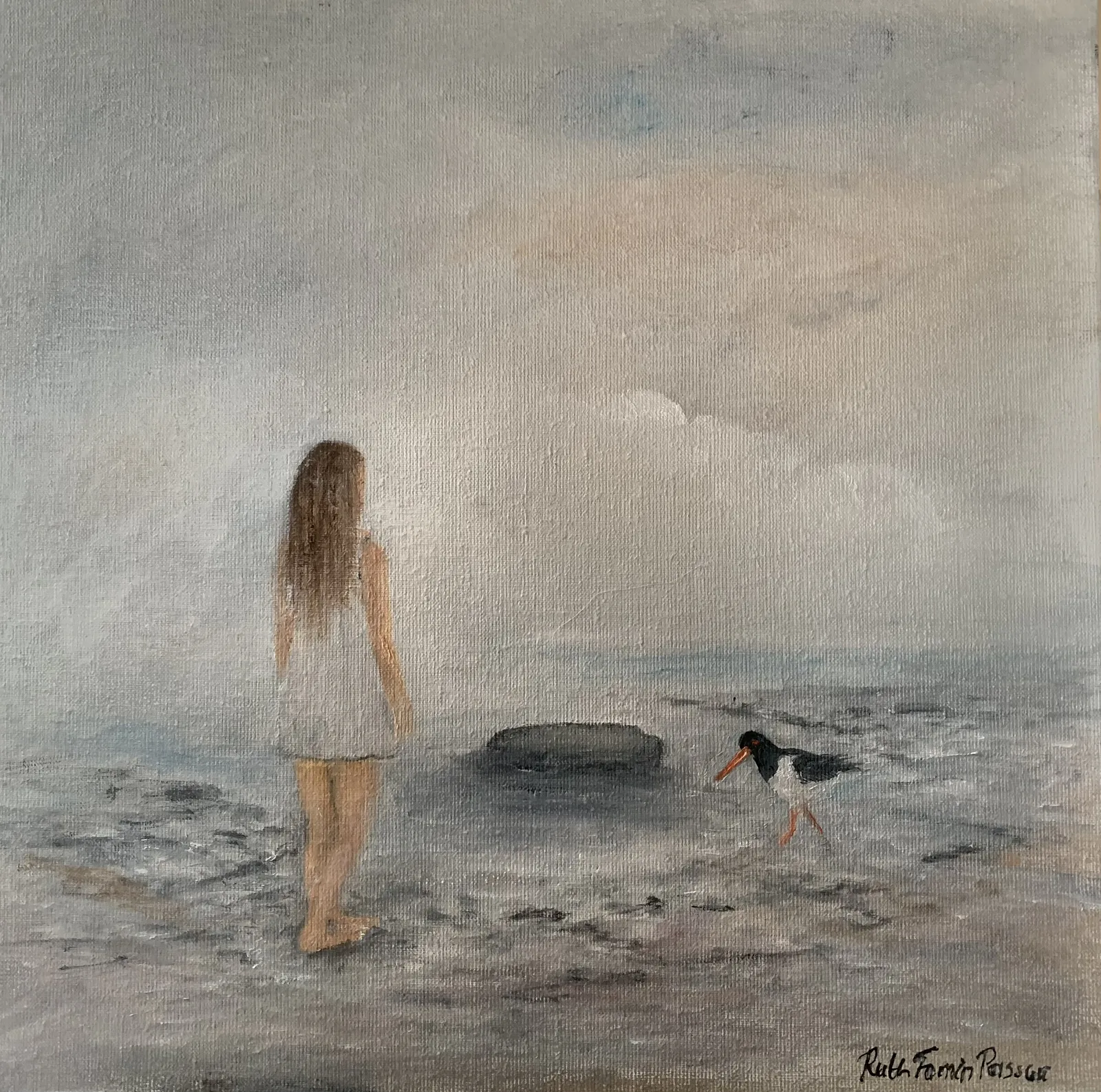 Oljemålning Möte på strand av Ruth Fomin Persson