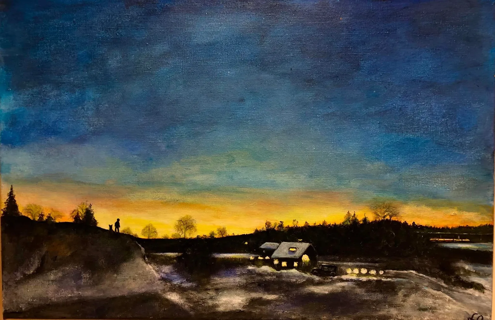 Akrylmålning På kvällspromenad med hunden av LENA LOISKE