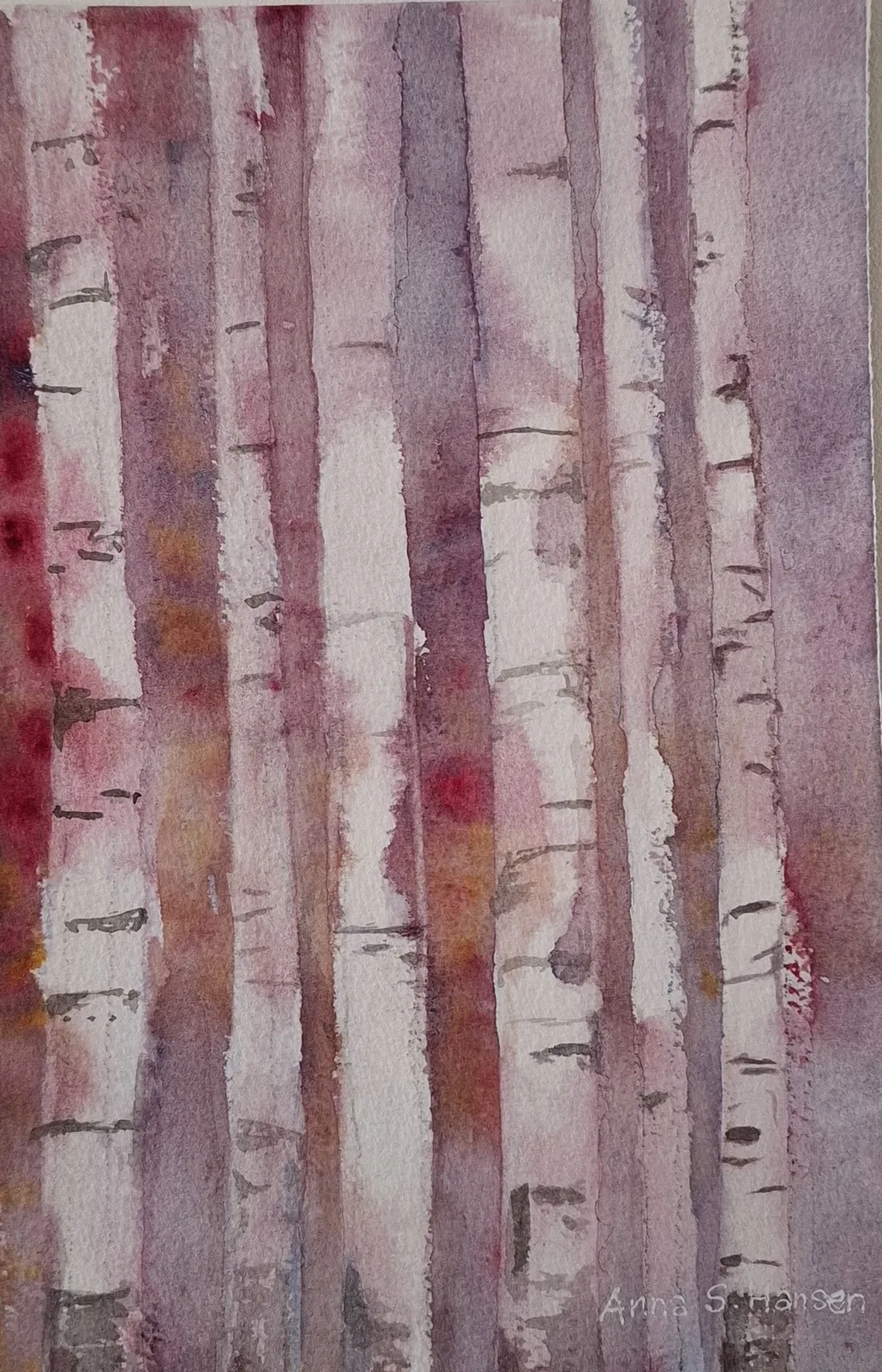 Akvarell Rödlila björkar av Anna Schyberg Hansen