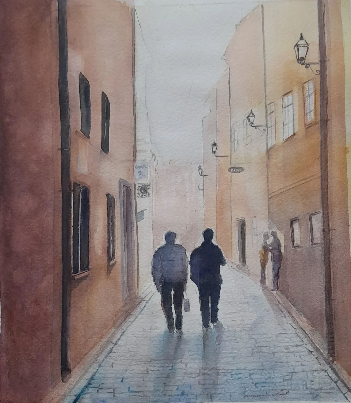 Akvarell Sakta vi gå genom (gamla) stan av Petra Skogsberg