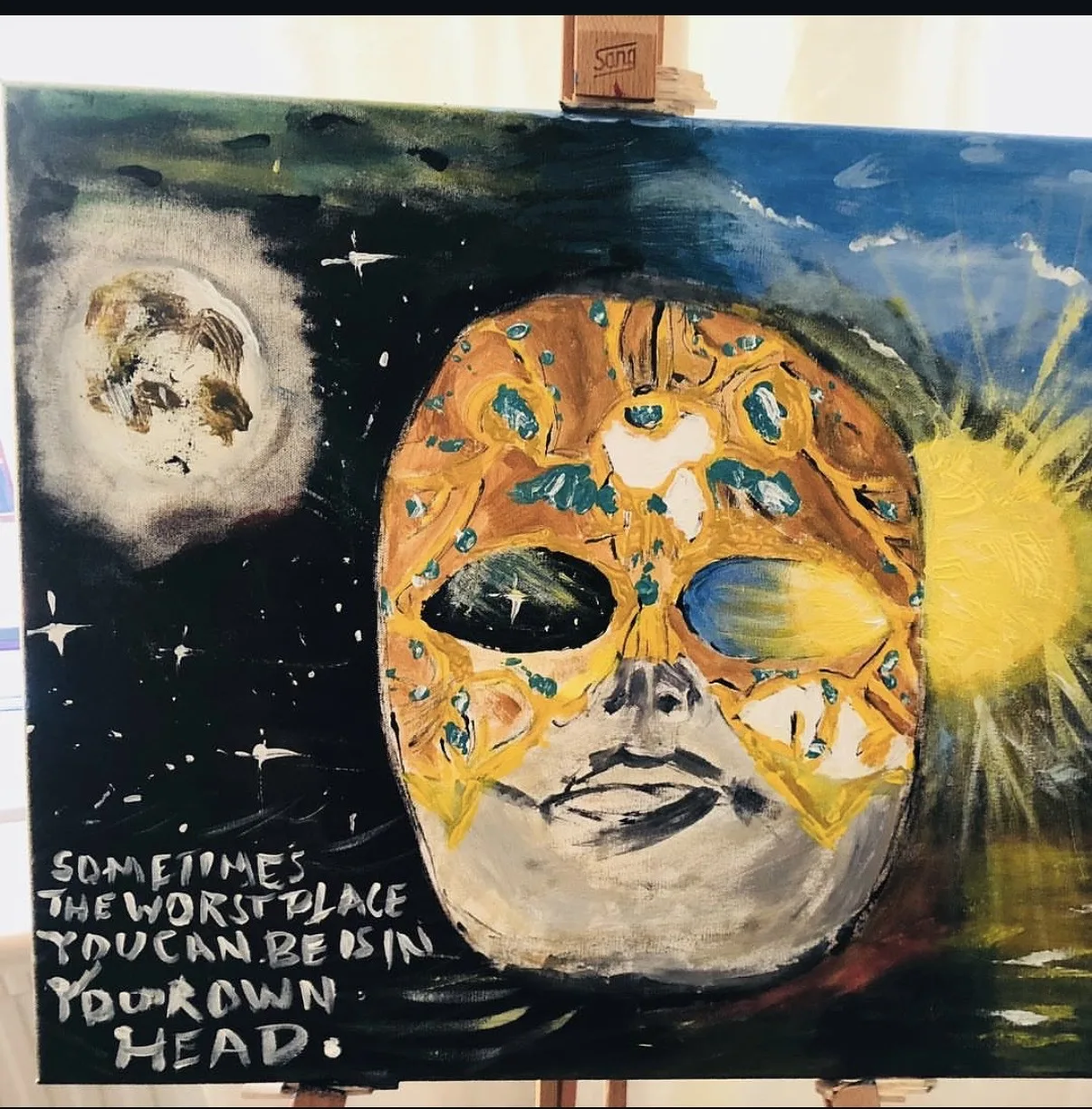 Oljemålning Some times the worst place you can be is in your own mind av Nader Ardakani