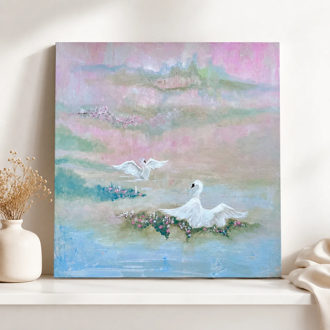 Akrylmålning Pink Swan Dream av Ramina Khassanova