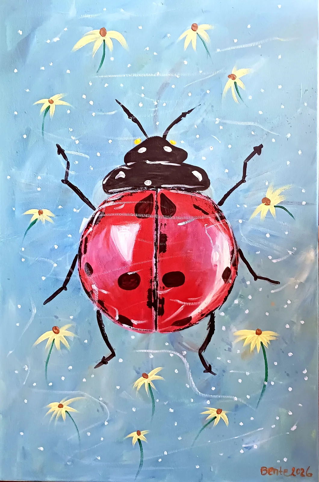 Akrylmålning Nyckelpiga i blombad av Bente Mellquist Danielson