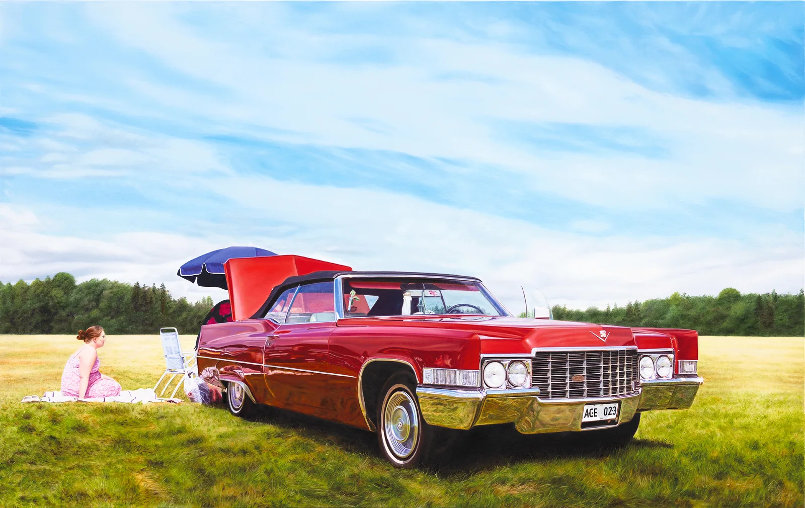 Oljemålning Picnic With a Red Cadillac av Anna C Eriksson