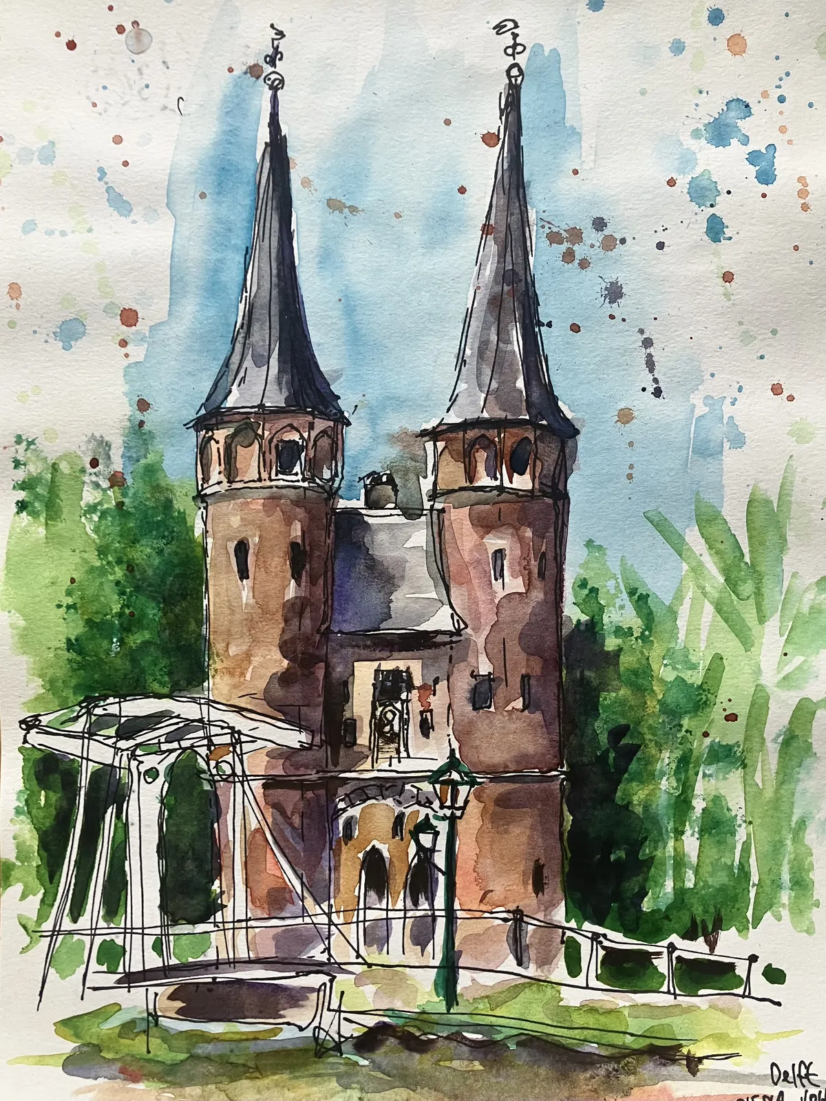 Akvarell Medeltid Port i Delft, Nederländerna av Olesia Volkova