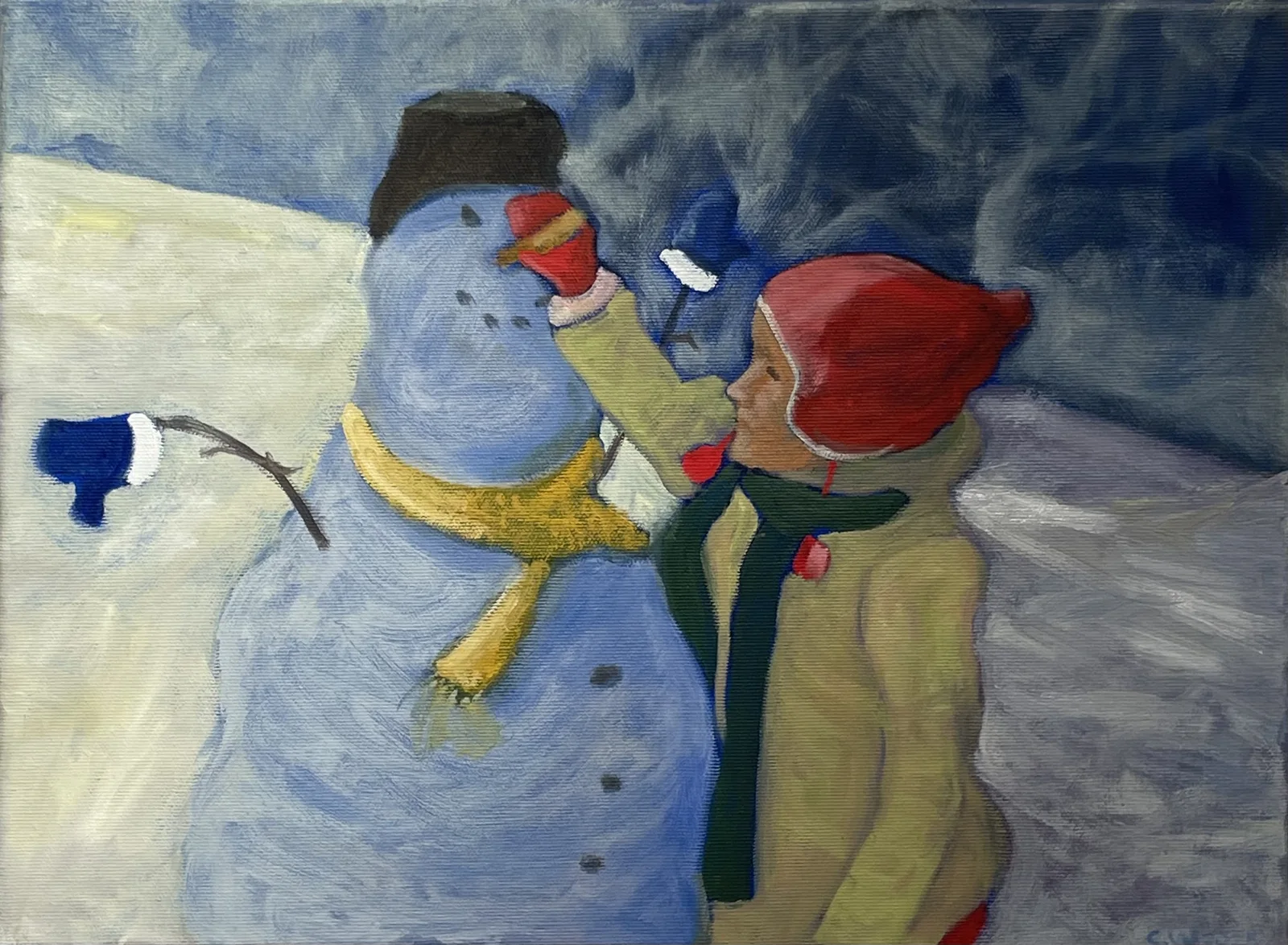 Oljemålning Snögubben. av Camilla Wolgers