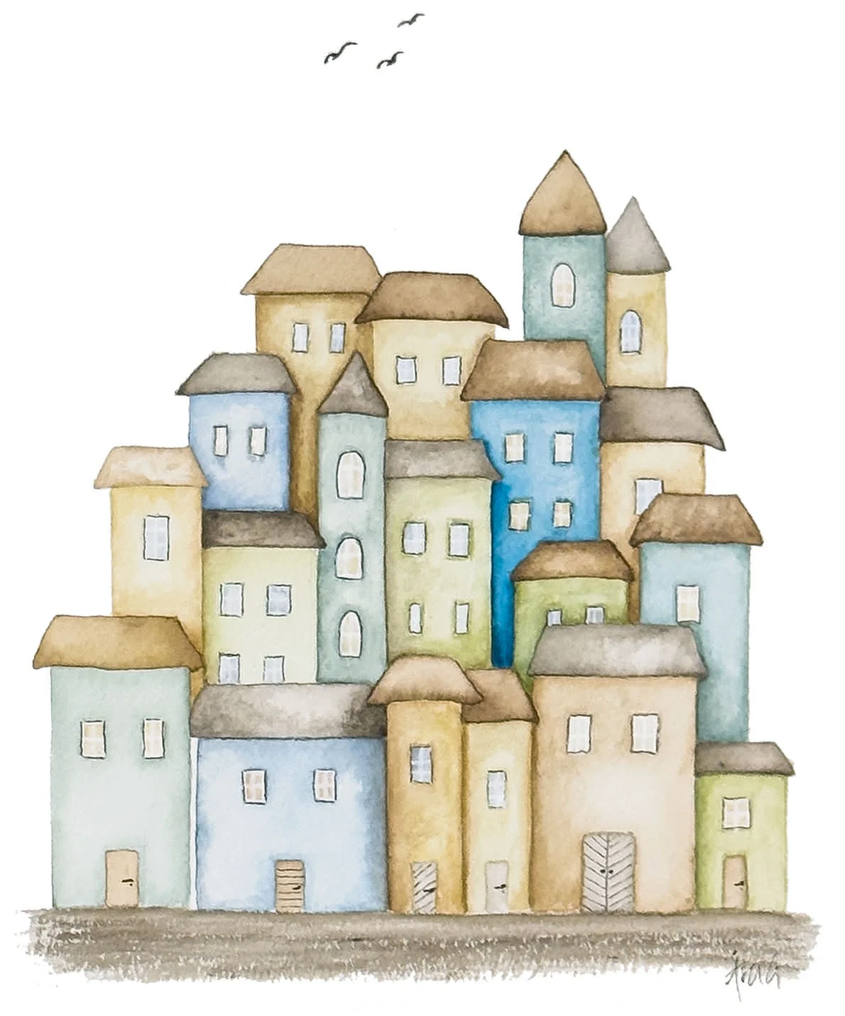 Akvarell Serien ”Lyckans kvarter” av Åsa Gustafsson