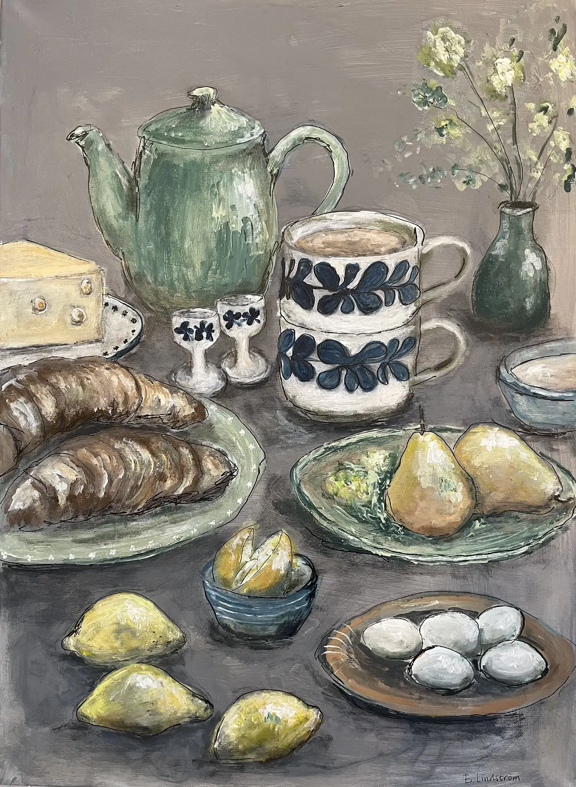 Akrylmålning Frukost - te av Emma Lindström