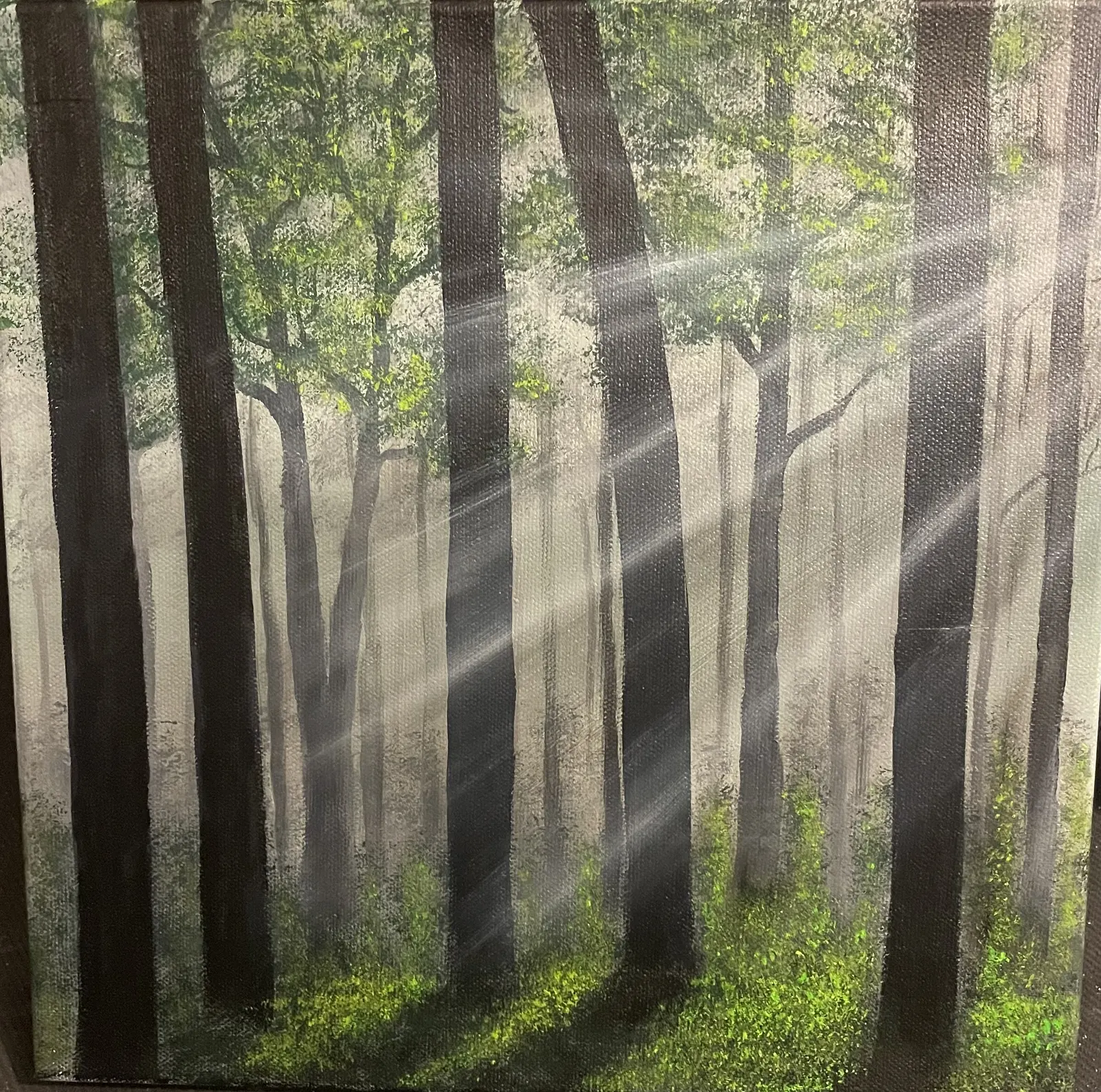 Akrylmålning Solstrålar i skog av Annika Handfast