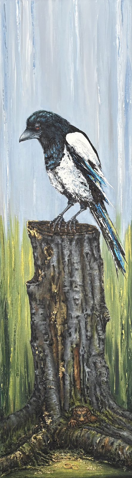 Akrylmålning Who stole the golden rings? The Magpie or the Troll av Anne E Svensson