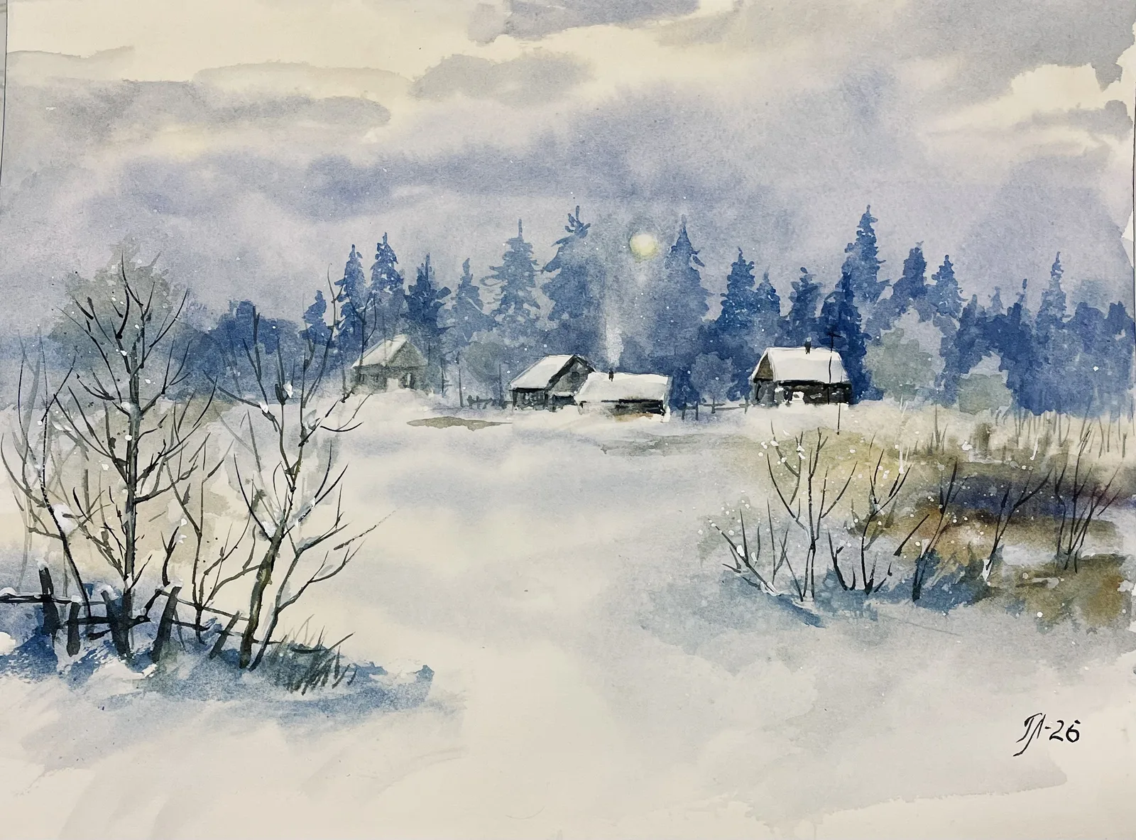 Akvarell Vinter kväll av Tanya Lundmark