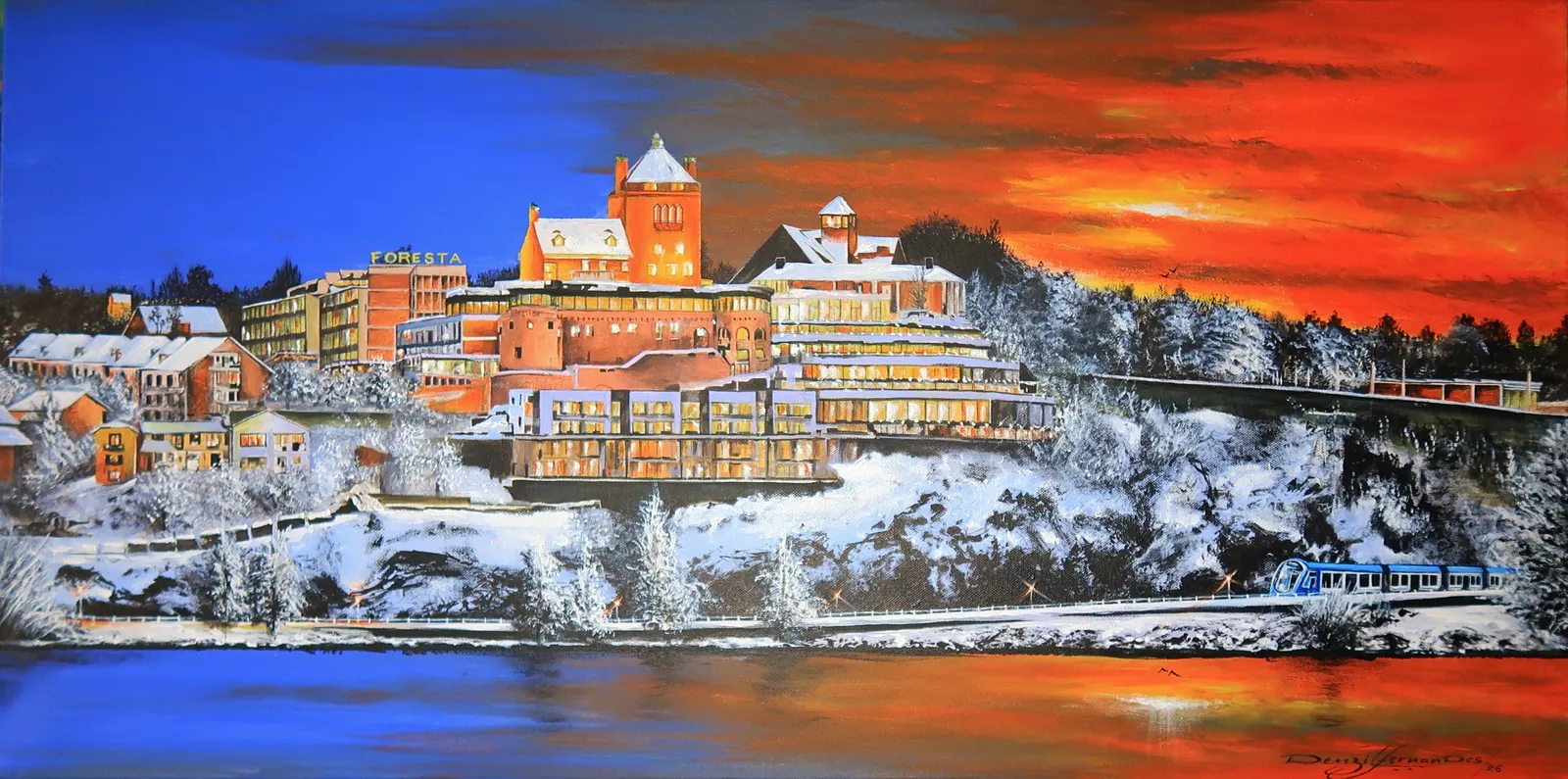 Akrylmålning Morgonljus på Villa Foresta Lidingö av Denzil Fernandes