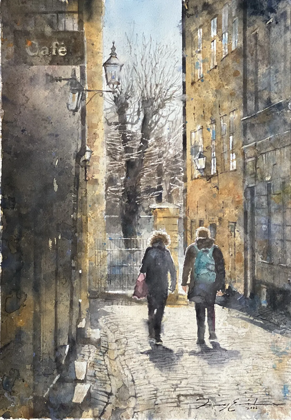 Akvarell Skomakargatan i vintersol av Jony Eriksson