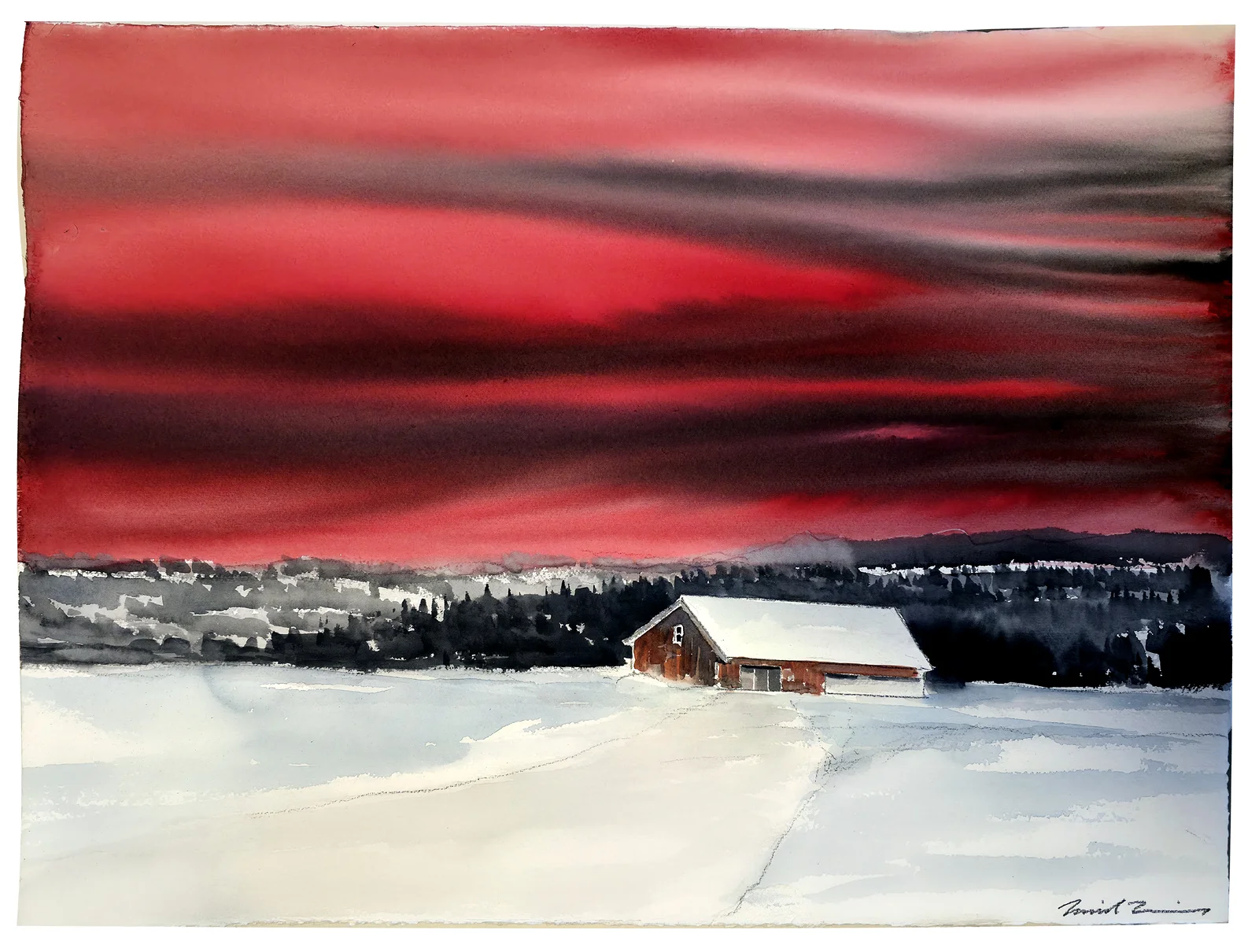 Akvarell Lanskap med röd himmel av Daniel Zausnig