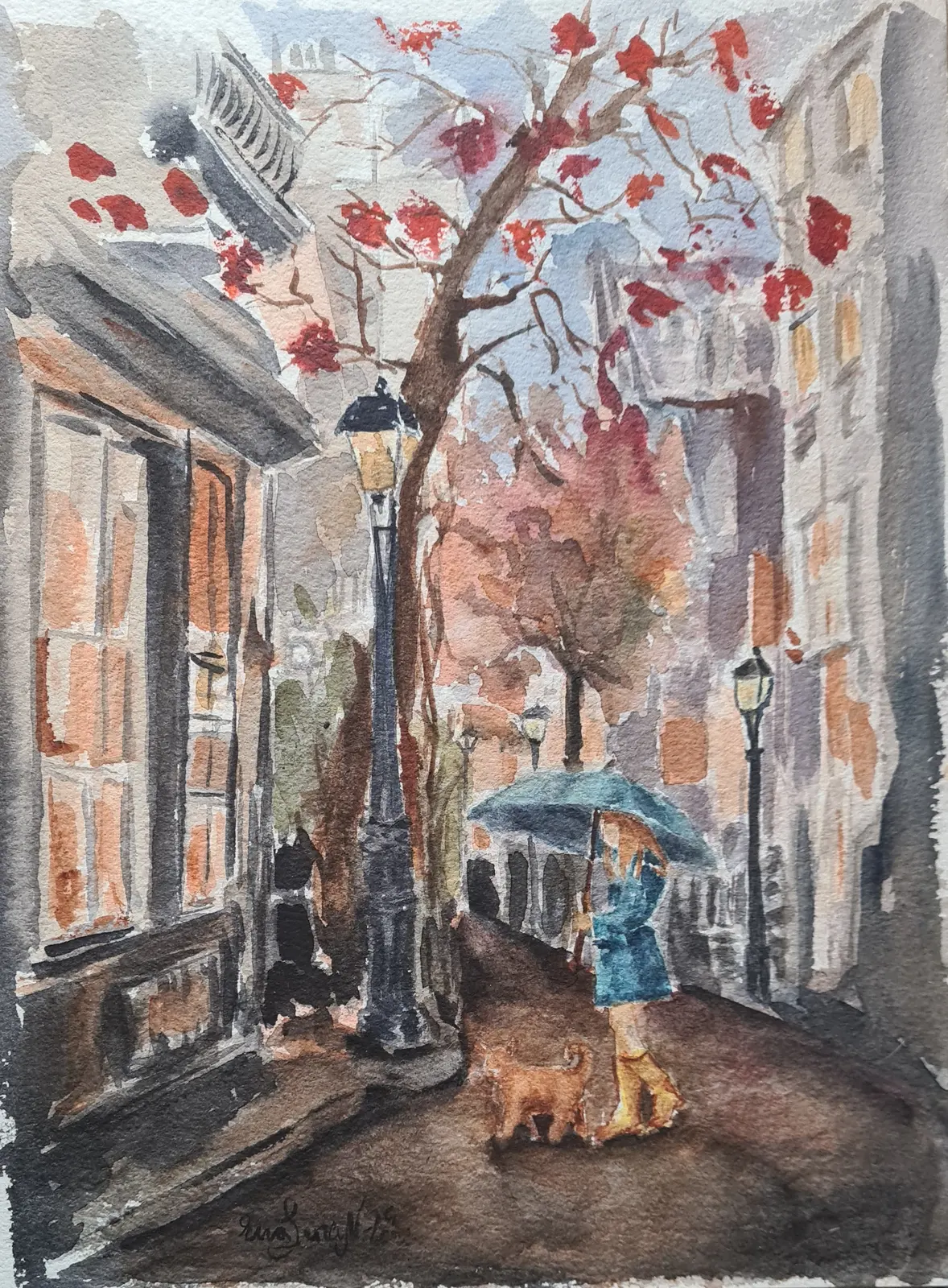 Akvarell Kattpromenad av Eva-lena Nilsson