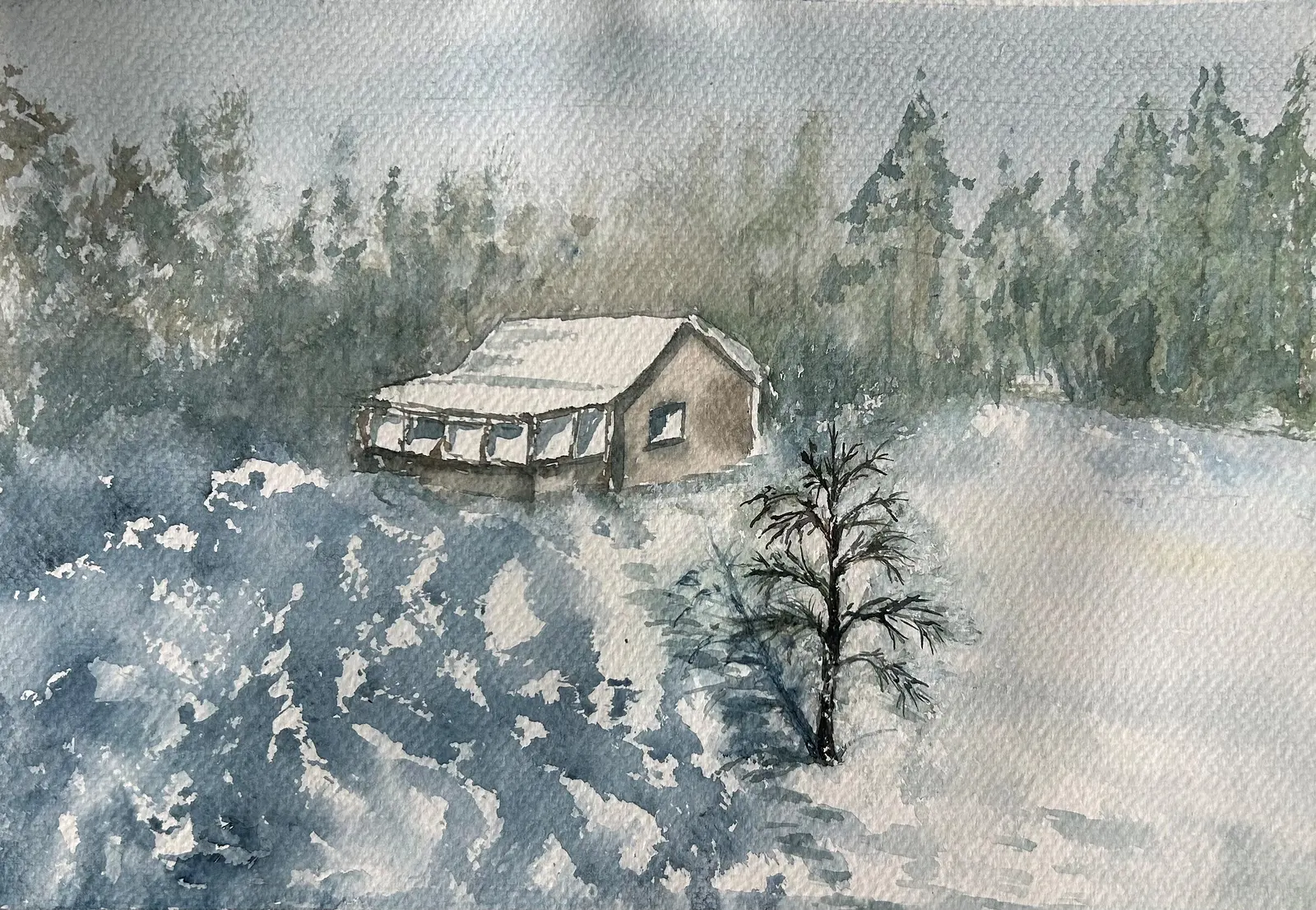 Akvarell Lilla stugan vid skogen av Inger Axbrink