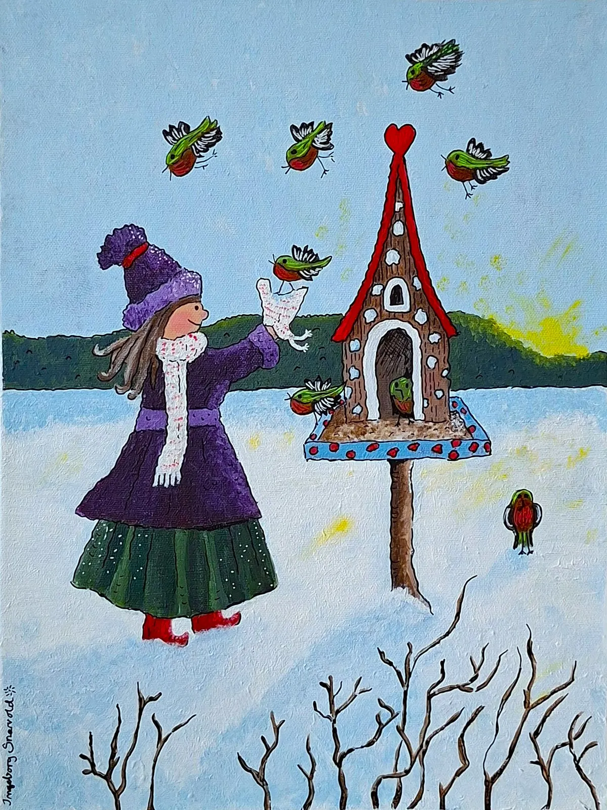 Akrylmålning En vän i vintern av Ingeborg Snarvold