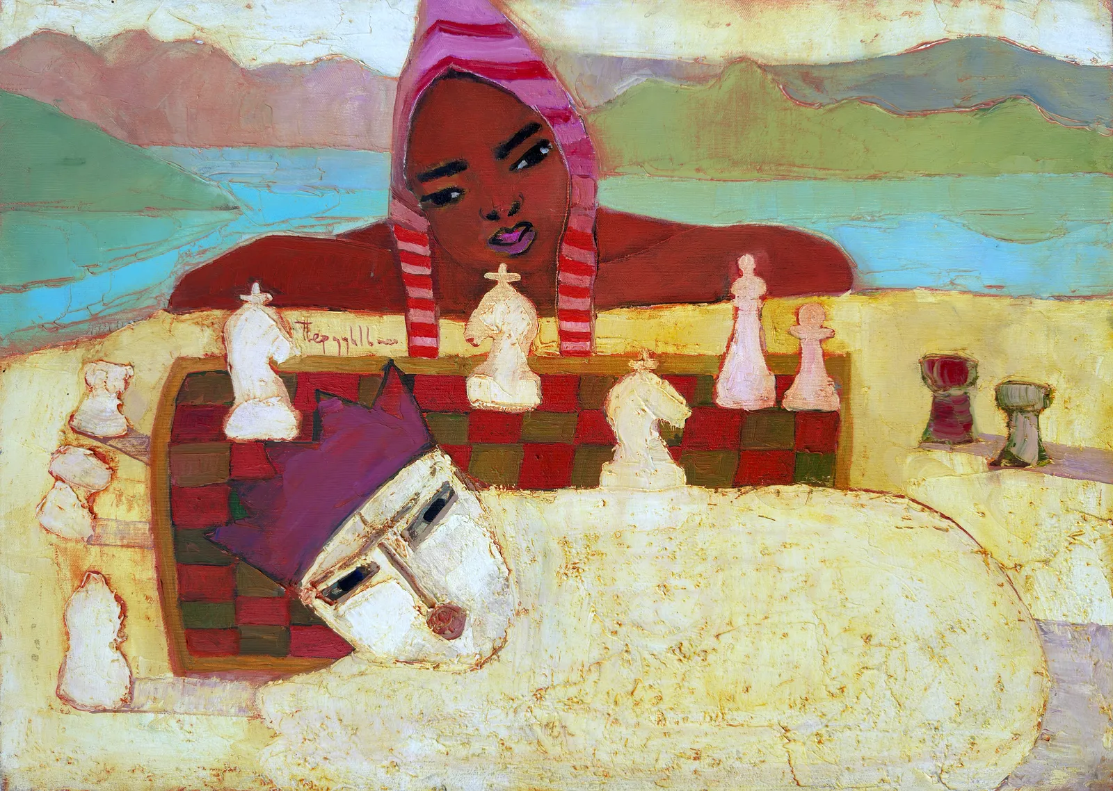 Oljemålning Schack – Två Partier Mot Sfinxen av Ivan Tverdun