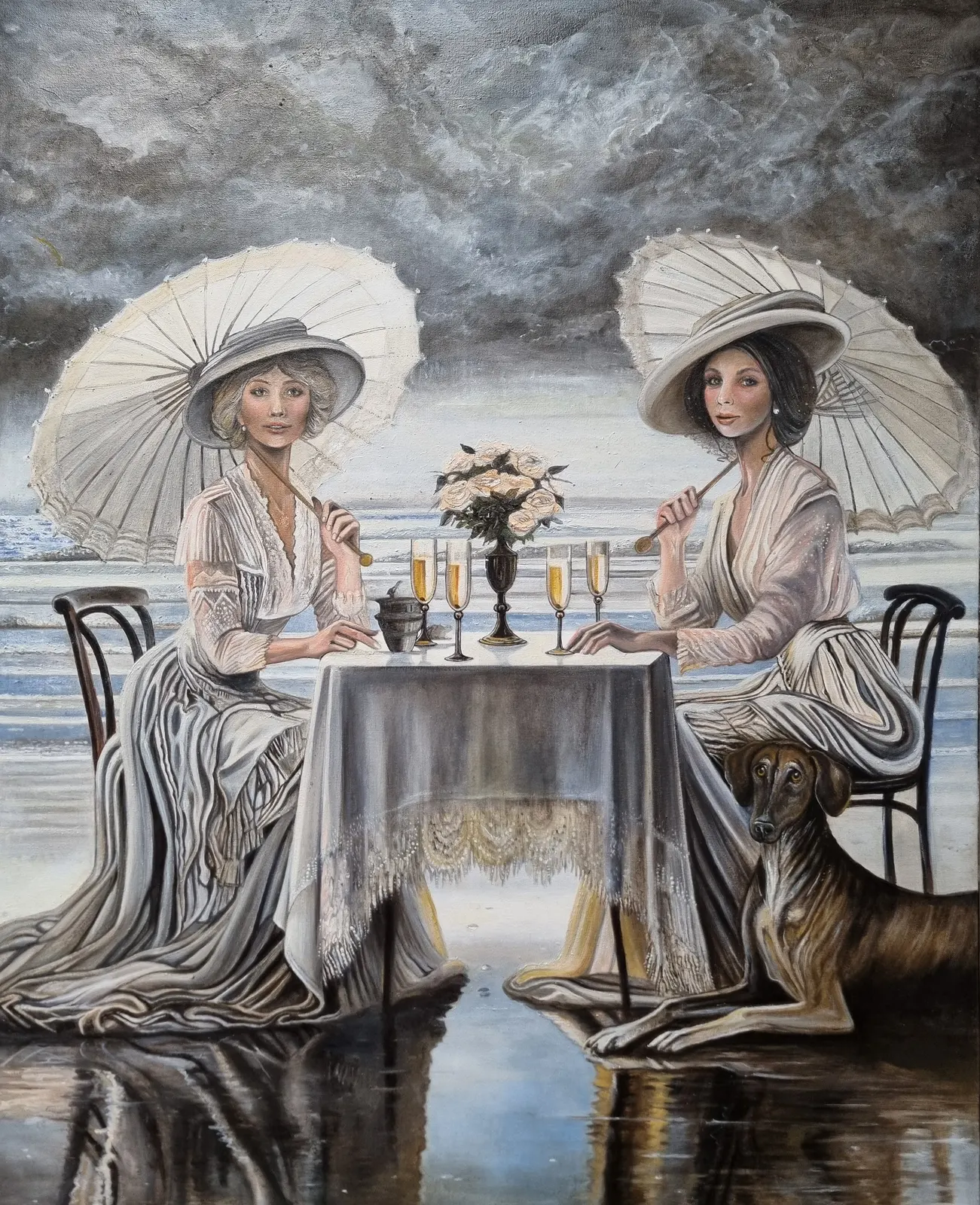 Oljemålning Strandmöte i Villa Rosa av Bibi Pålenäs