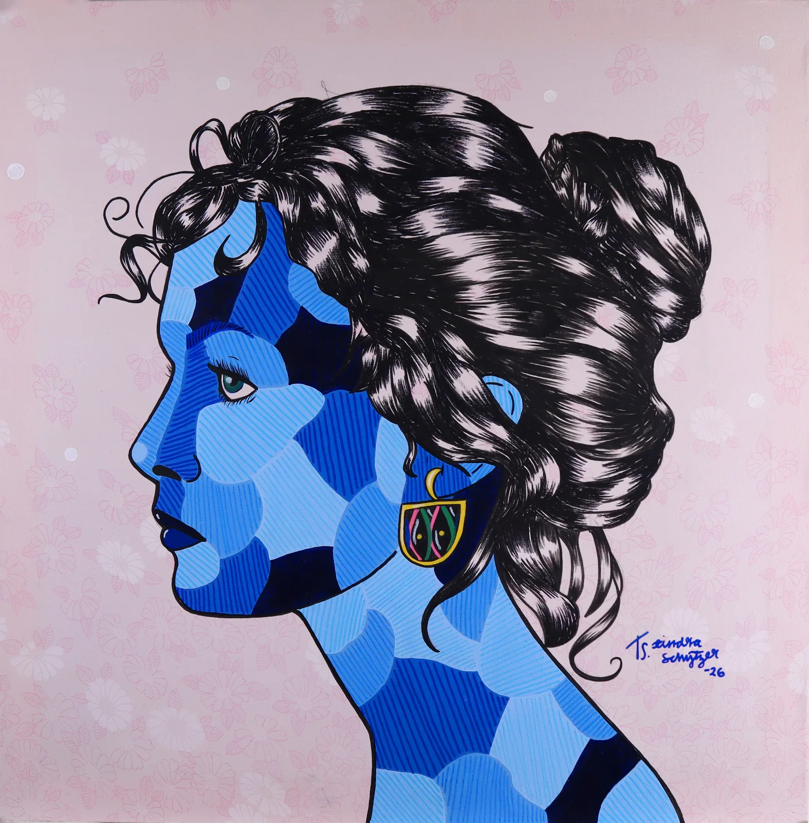 Akrylmålning Among the blossoms av Tindra Schytzer