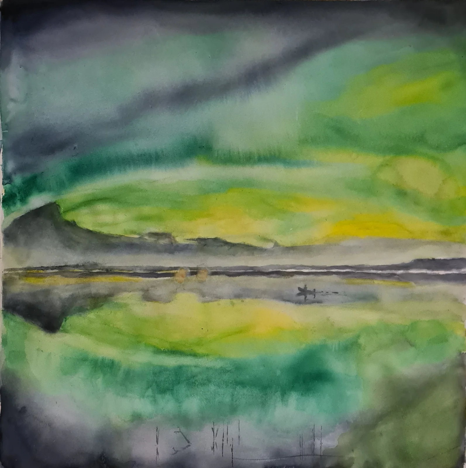 Akvarell Norrsken i sjölandskap av Into Särkelä