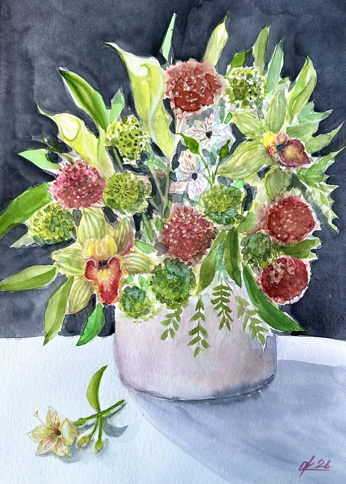 Akvarell Grattis på födelsedagen-bukett av Olga Kharyakova