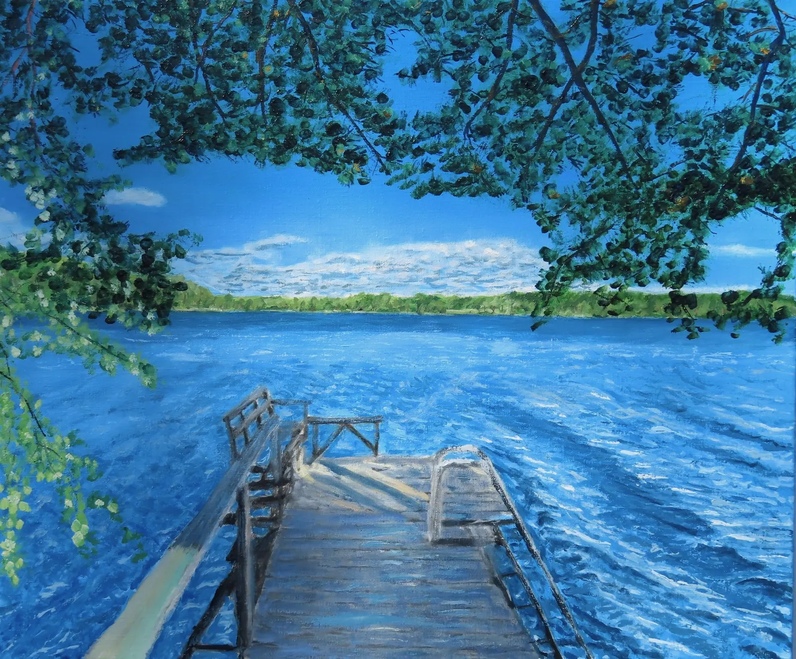 Oljemålning Bryggan en fin dag av Karl-Erik Svensson