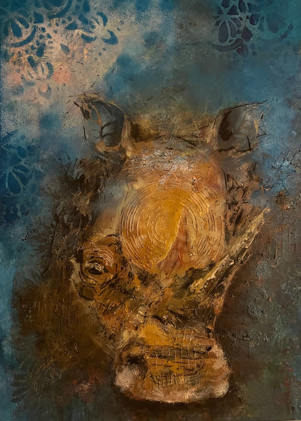 Akrylmålning Den uråldriga noshörningens styrka av Tina Frangi