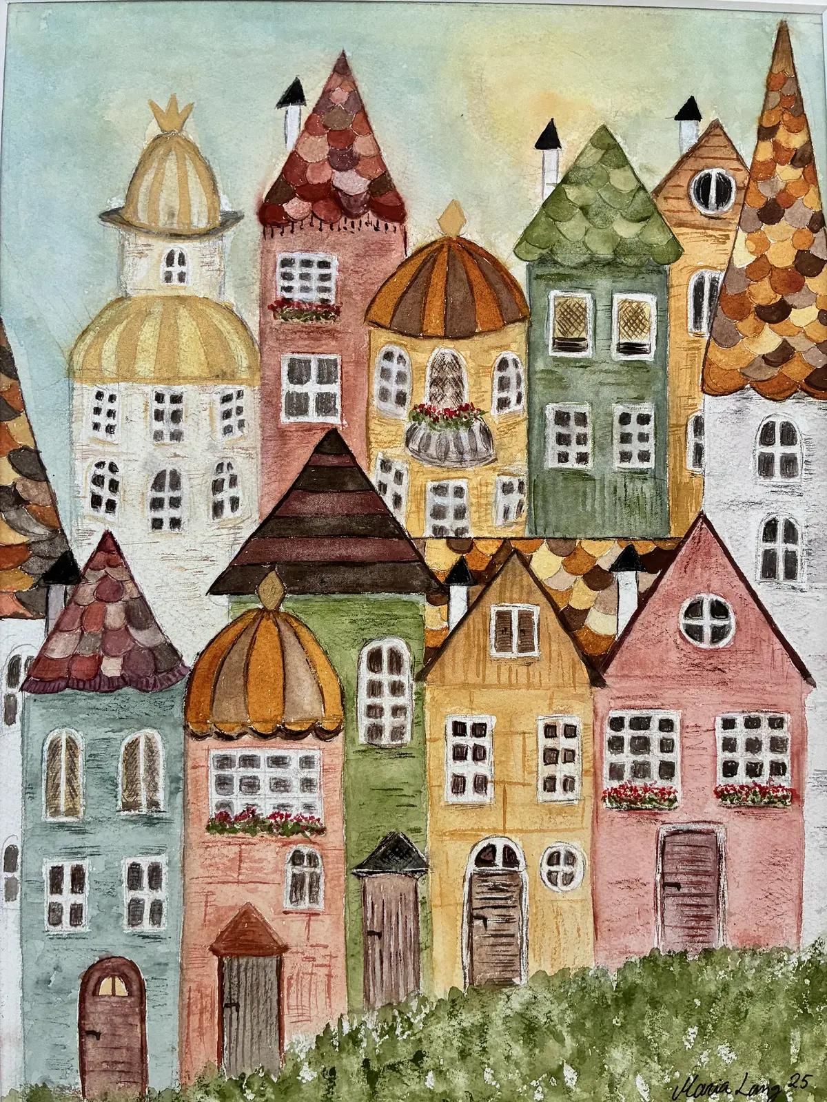 Akvarell Kyrkbyn på backen av Maria Lang