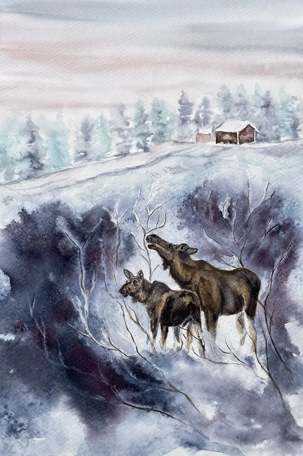 Akvarell Stilla vinterliv I av Lilly Nordström