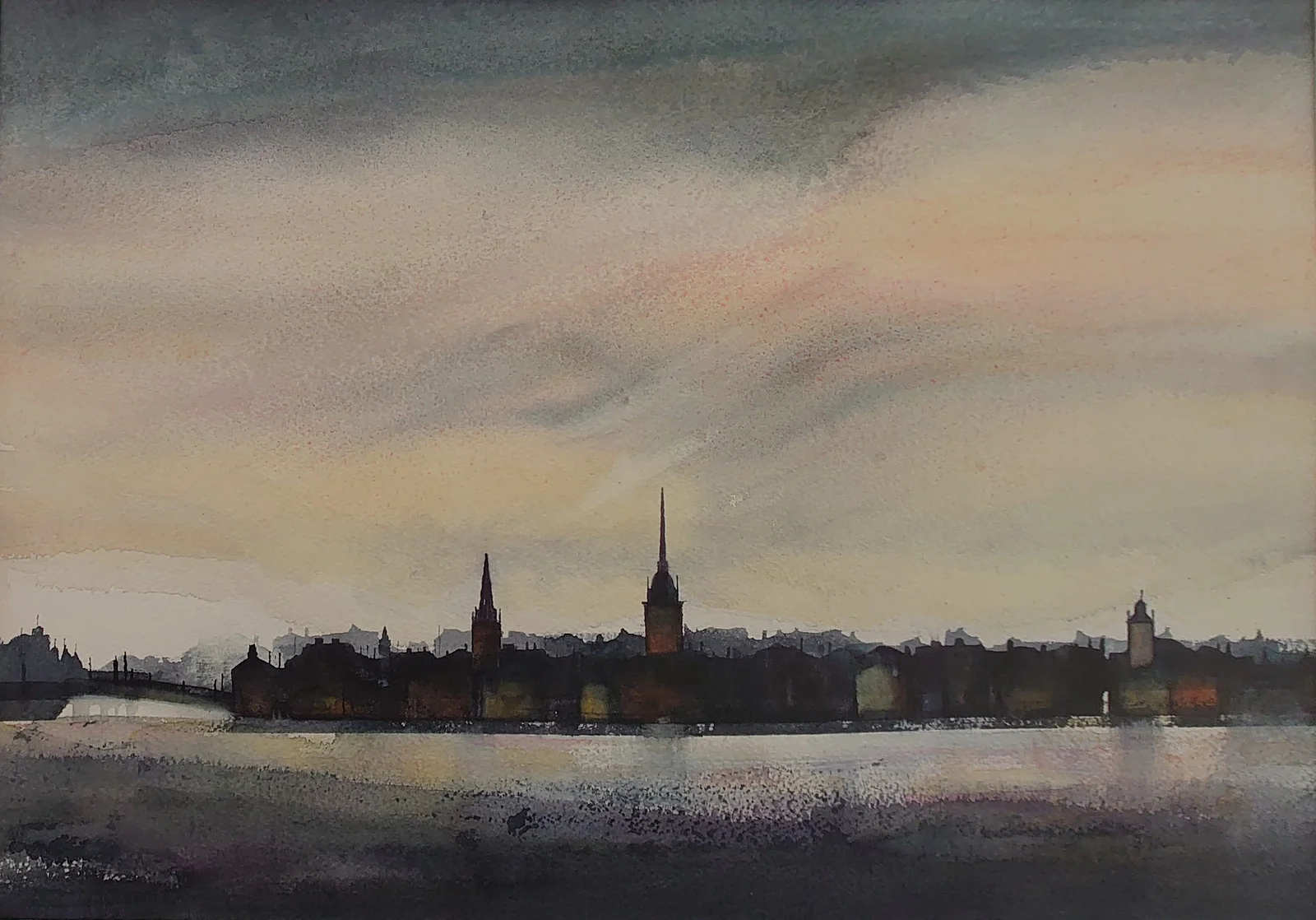 Akvarell Skymning över stan av Eva Högberg