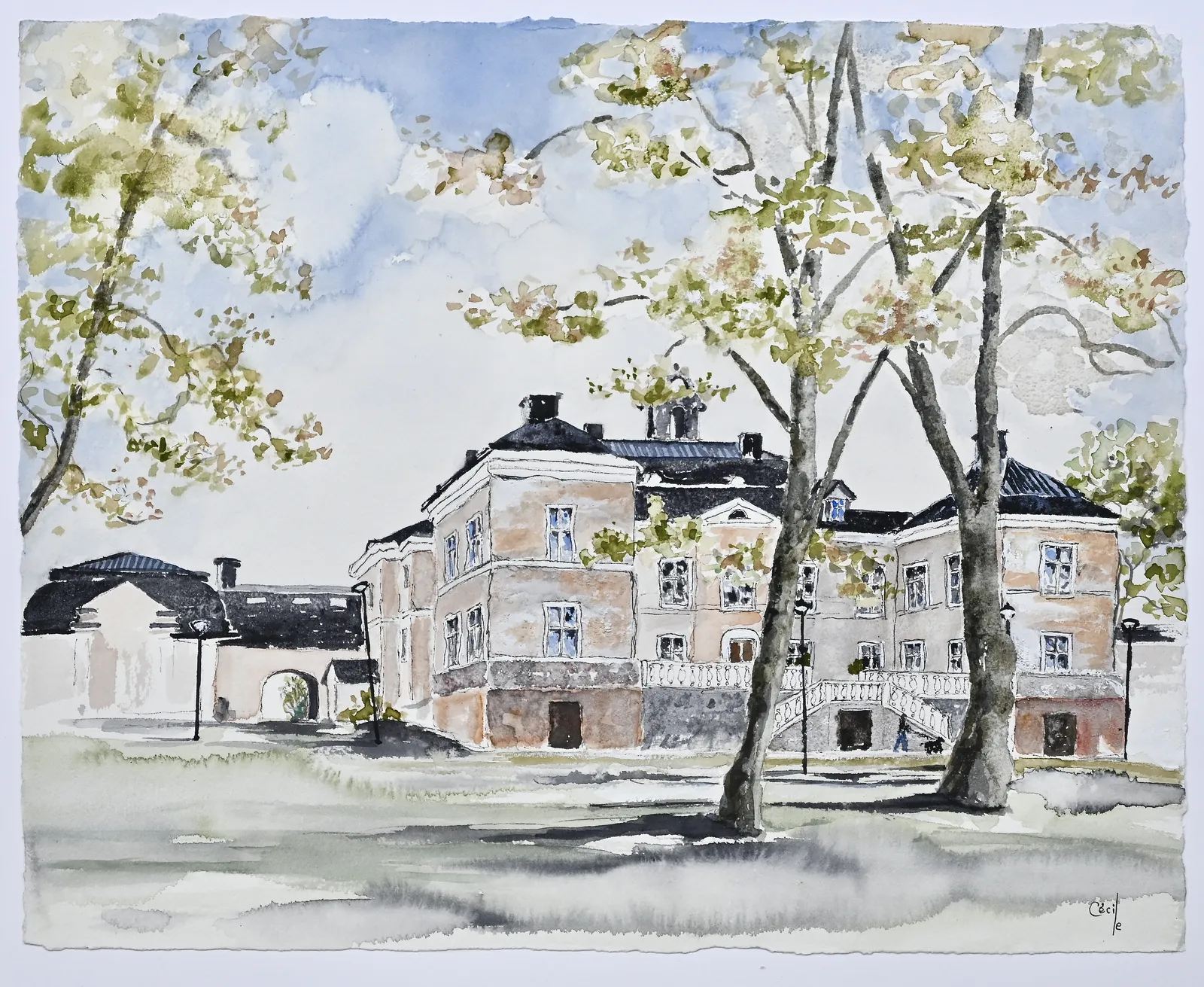 Akvarell Näsby Slott, Vår av Cécile Hansson