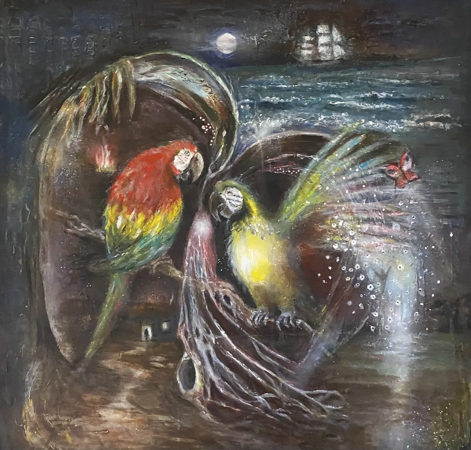 Akrylmålning Parrots of the carribean av Carina Lindholm