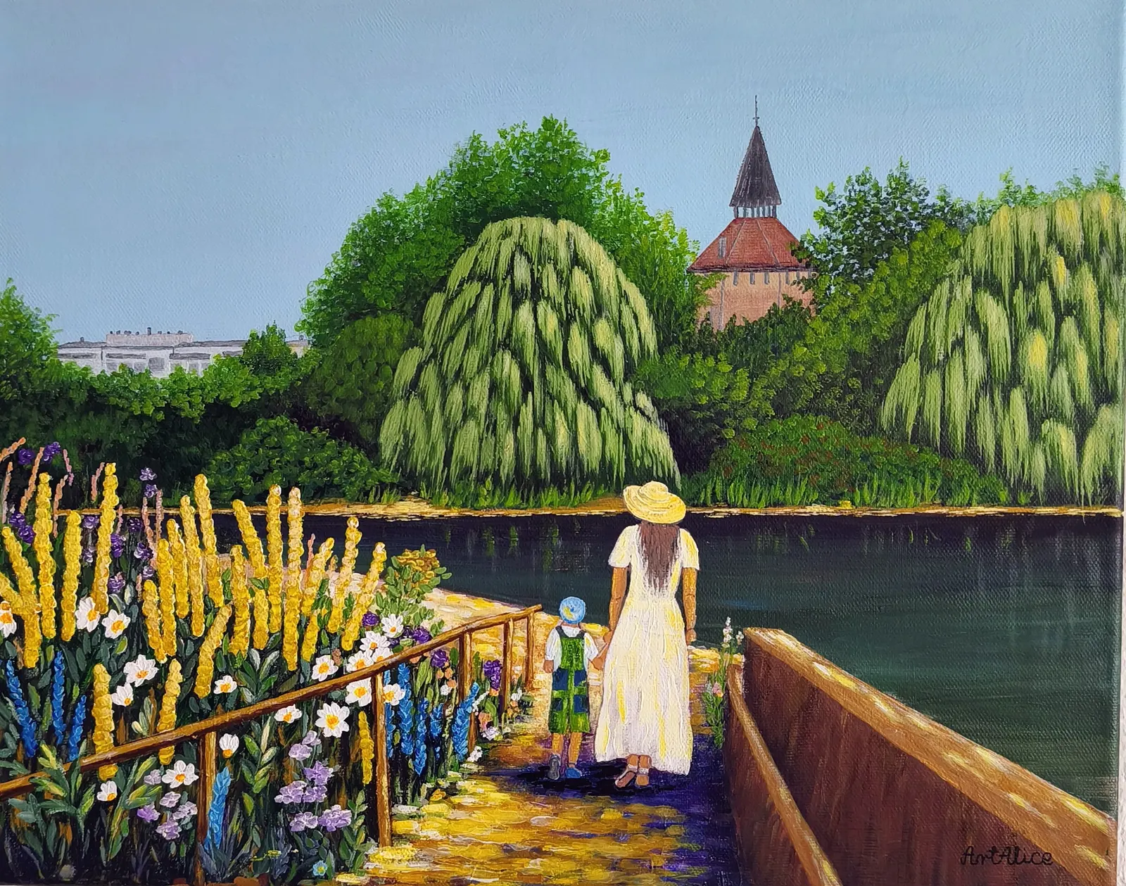 Akrylmålning Malmö, Sommarön i Parken av Alicja Placinska Tapia