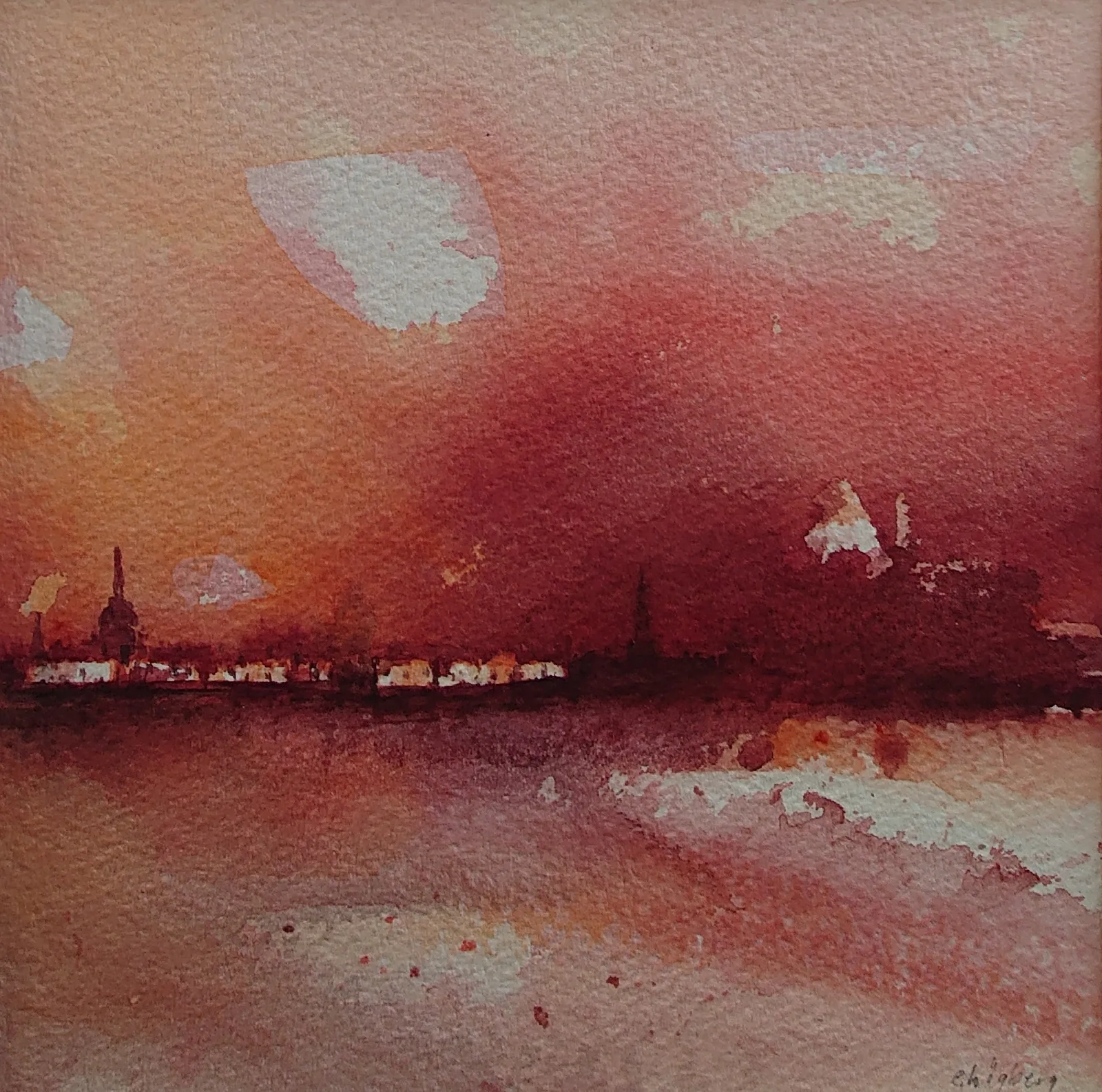 Akvarell Horisont i rött 1 av Eva Högberg