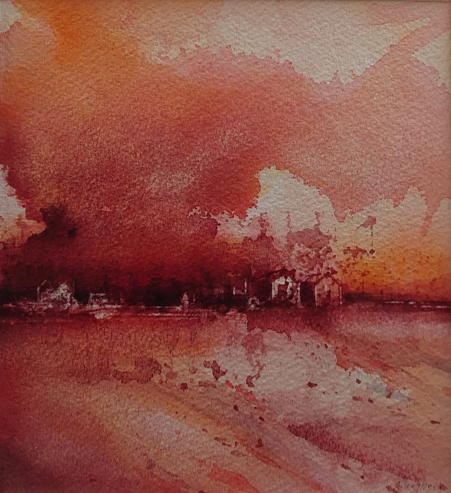 Akvarell Horisont i rött 2 av Eva Högberg