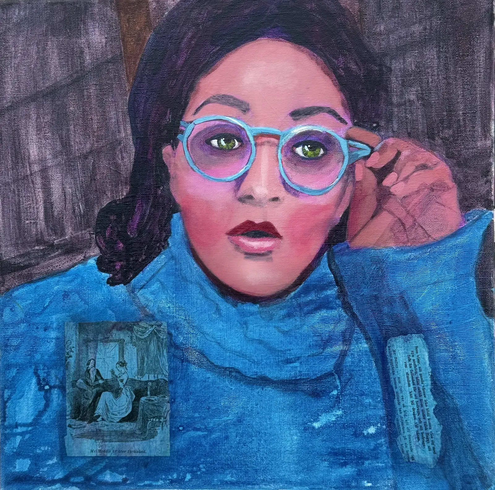 Akrylmålning Biblotekarien läser mellan raderna. av Kerstin Härdelin Nilsson