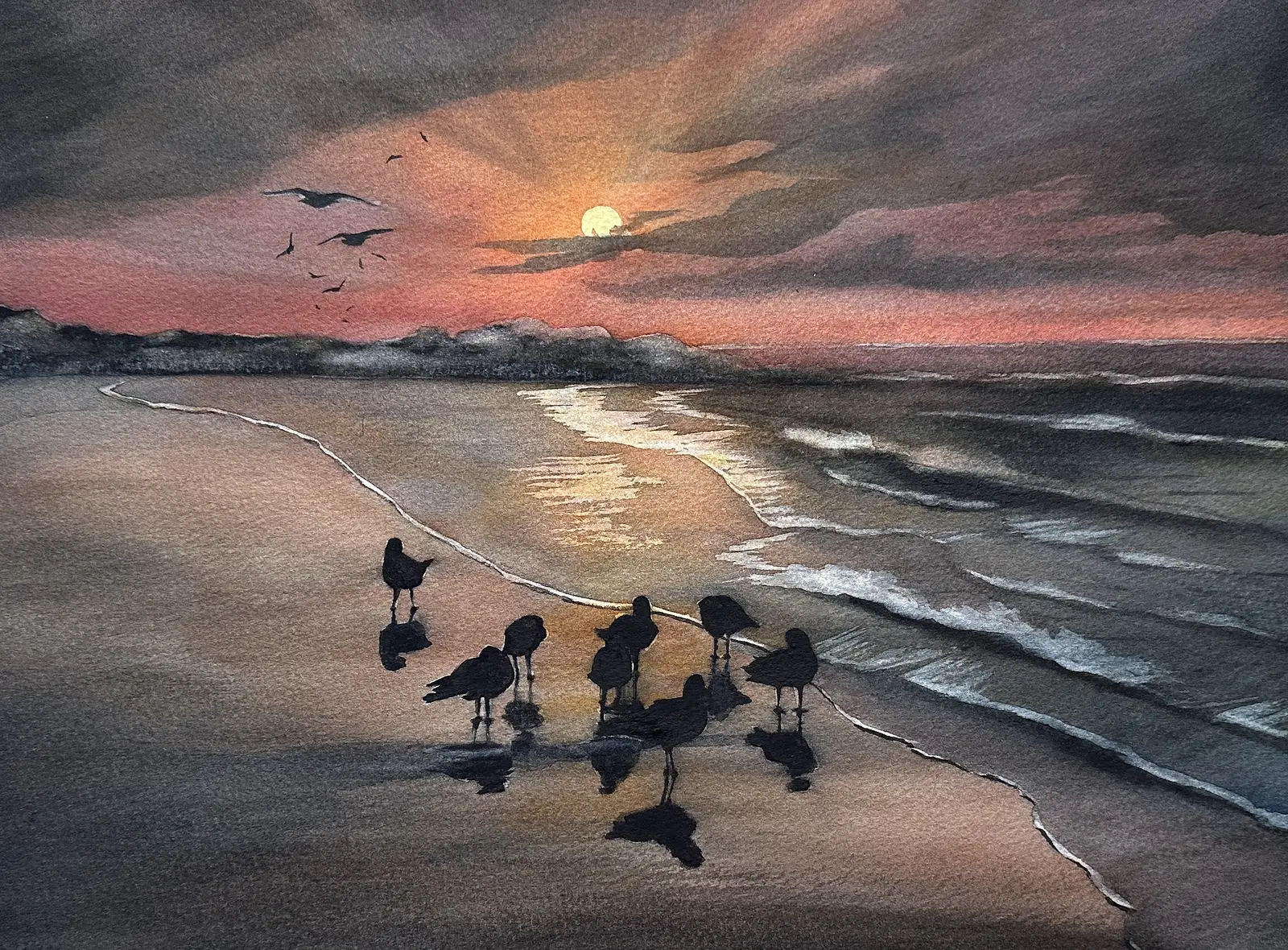 Akvarell Kvällsljus vid strandkanten av Anette Öberg