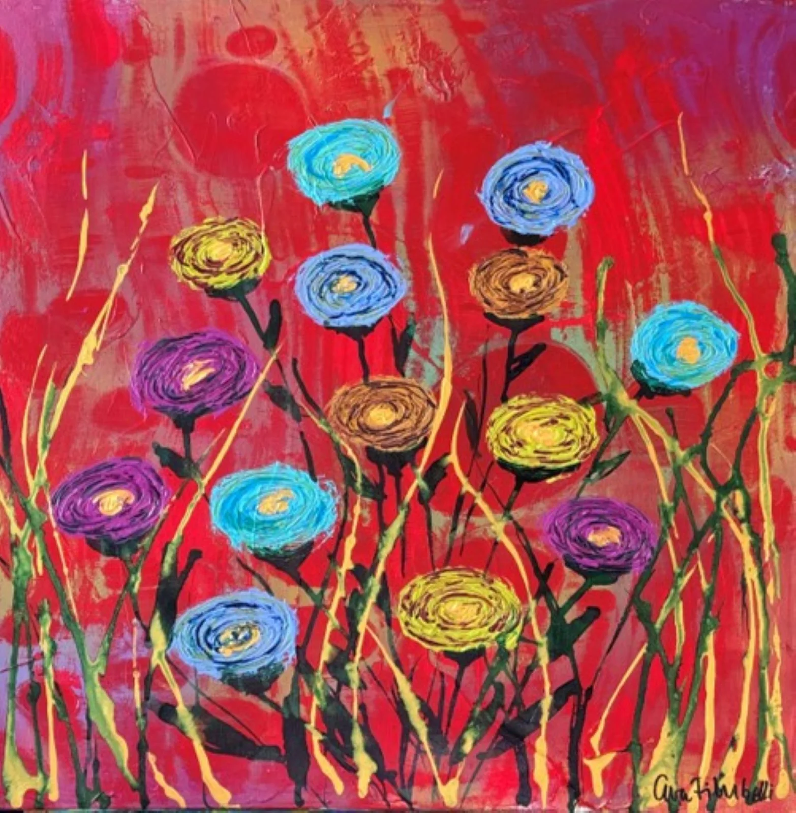 Akrylmålning Gyllene anemoner av Eva Filubelli