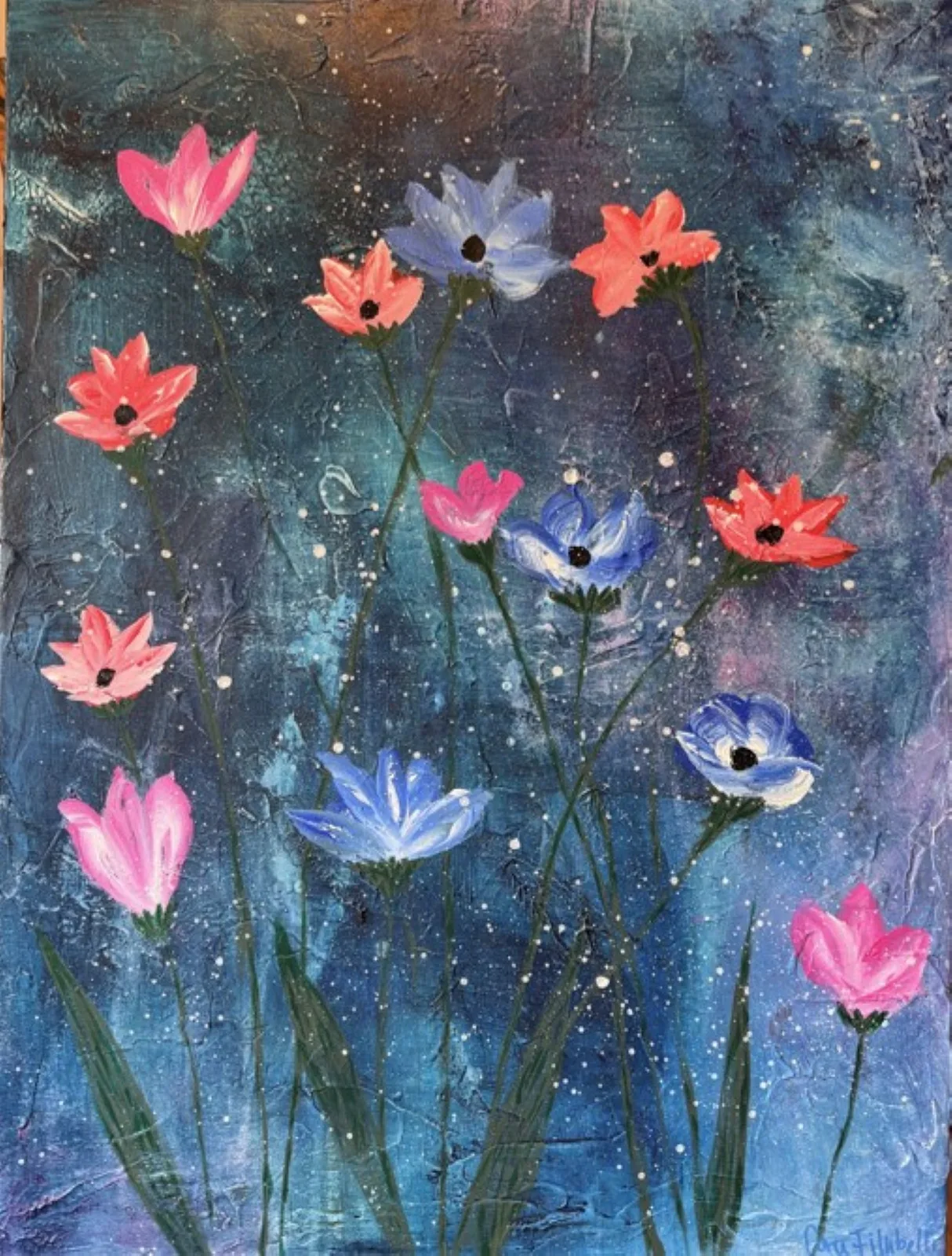 Akrylmålning Blommor i natten av Eva Filubelli