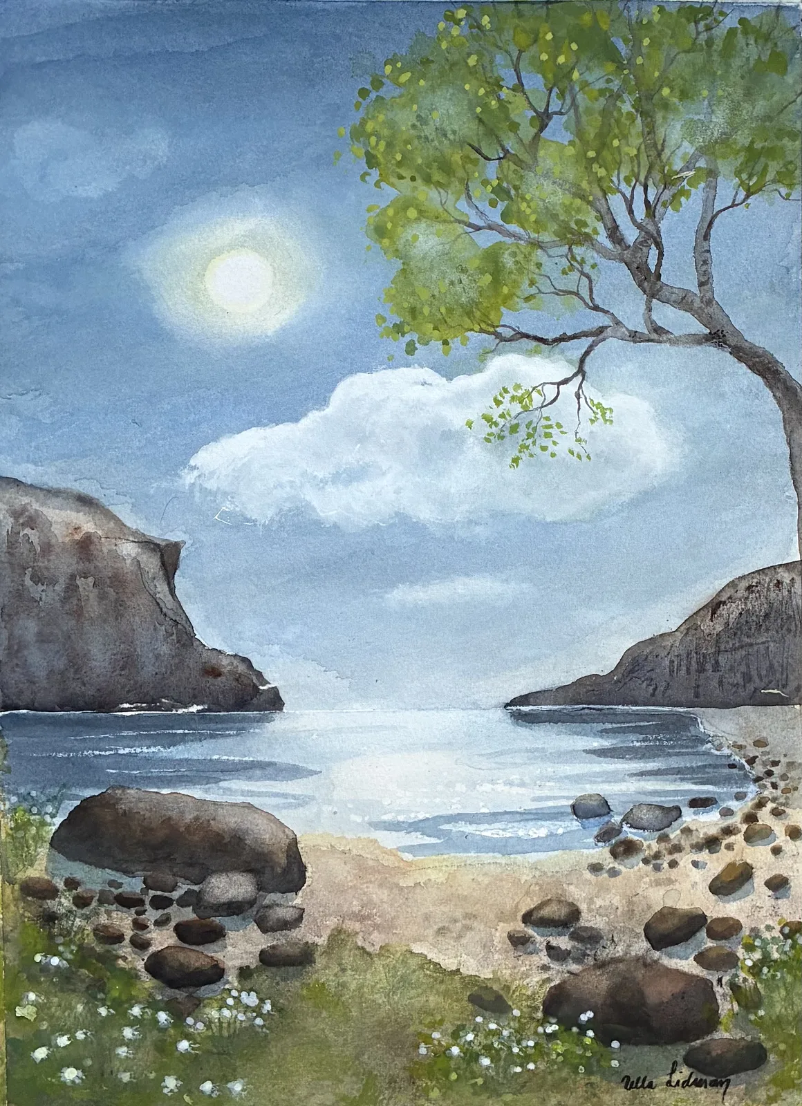 Akvarell Sol hav och moln av Ulla Lidman