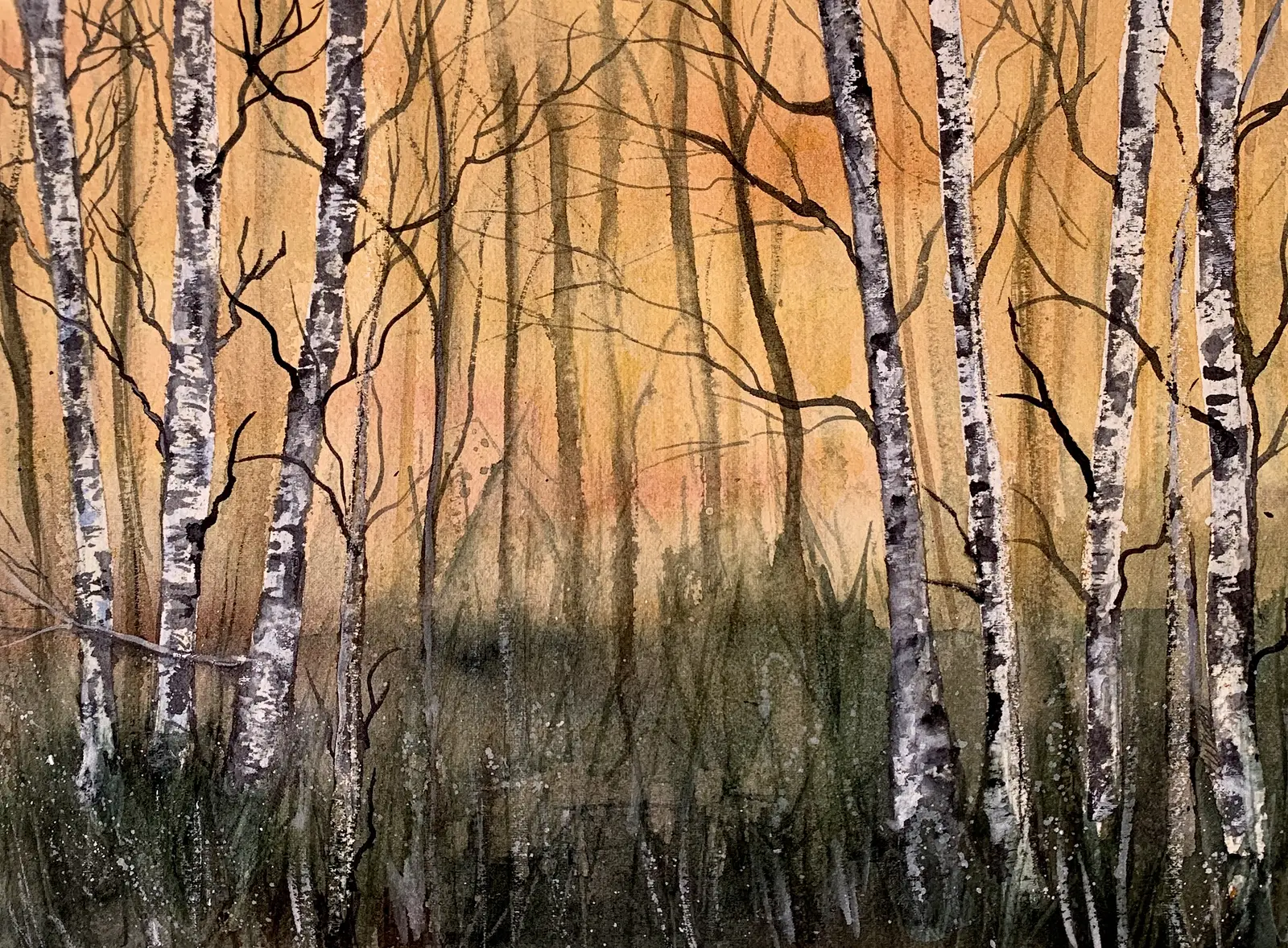 Akvarell Björkskog av Annelie Wadin